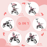 6 In 1 Kids Trike, Stroller With Parent Handle | Pink
