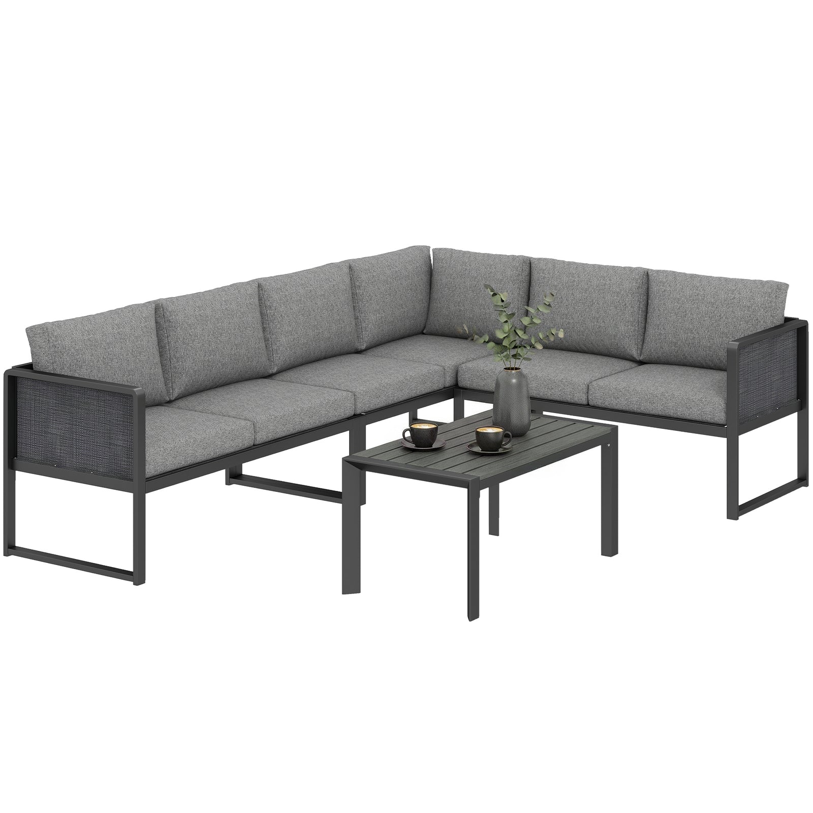 6 Seater Metal Garden Furniture Corner Sofa Set | Dark Grey
