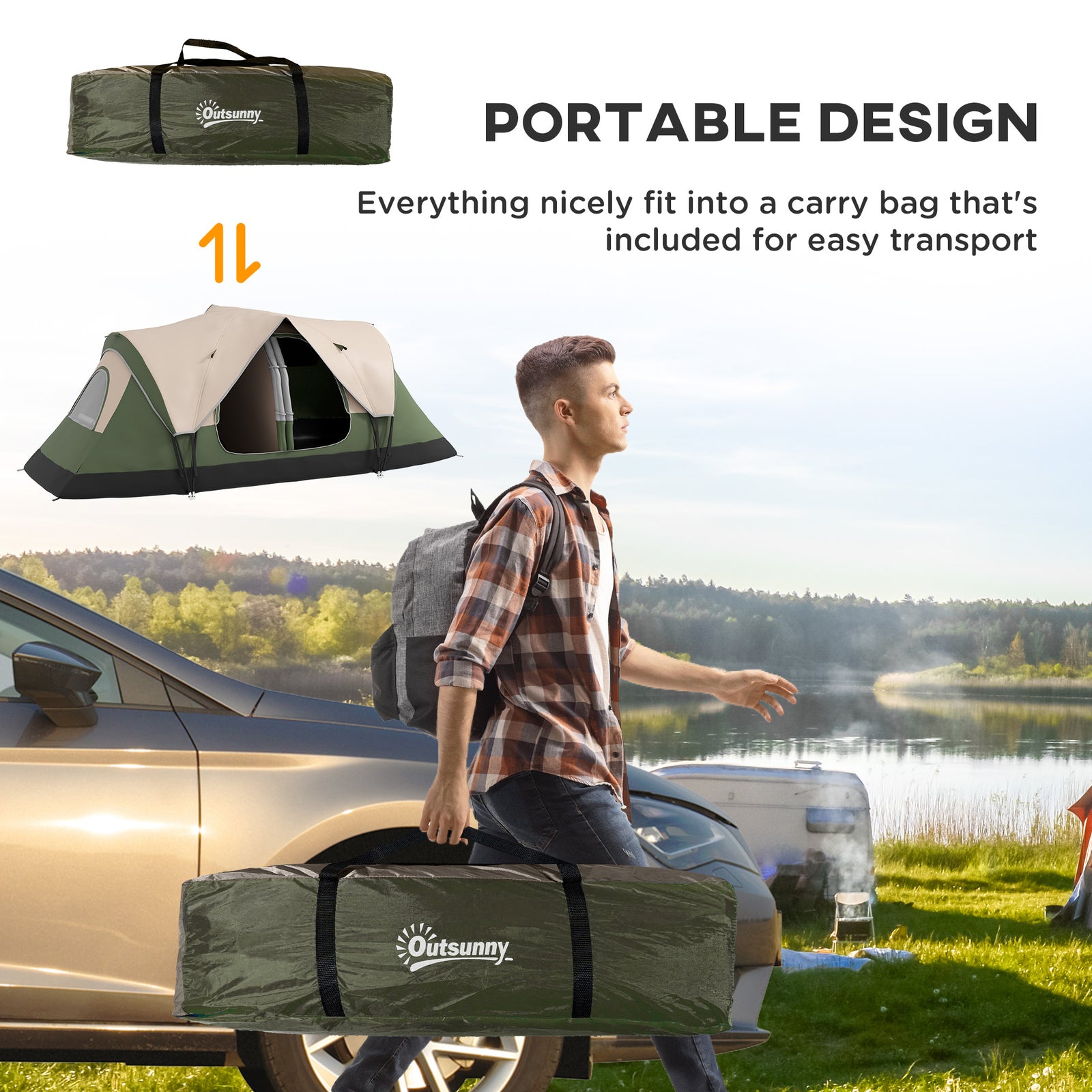 2 Room Camping Tent With Waterproof Rainfly & Screen Panels | Green