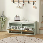 Boho Shoe Bench With Padded Seat And 2 Flip-drawers | Light Green