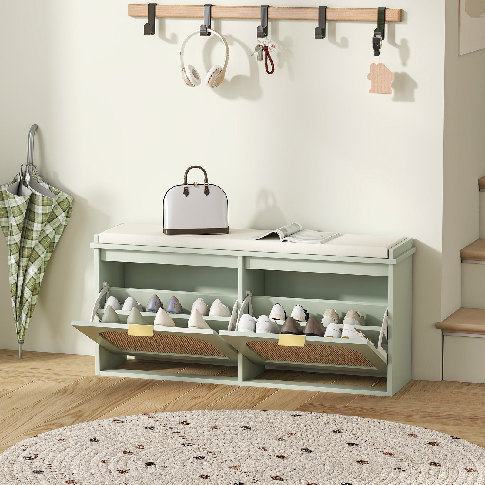 Boho Shoe Bench With Padded Seat And 2 Flip-drawers | Light Green