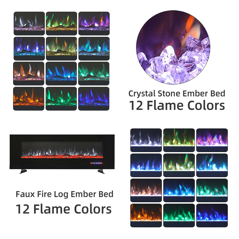 50inch Black Electric Fireplace, Wall Mounted Or Recessed With 12 Flame Colors & Freestanding Legs