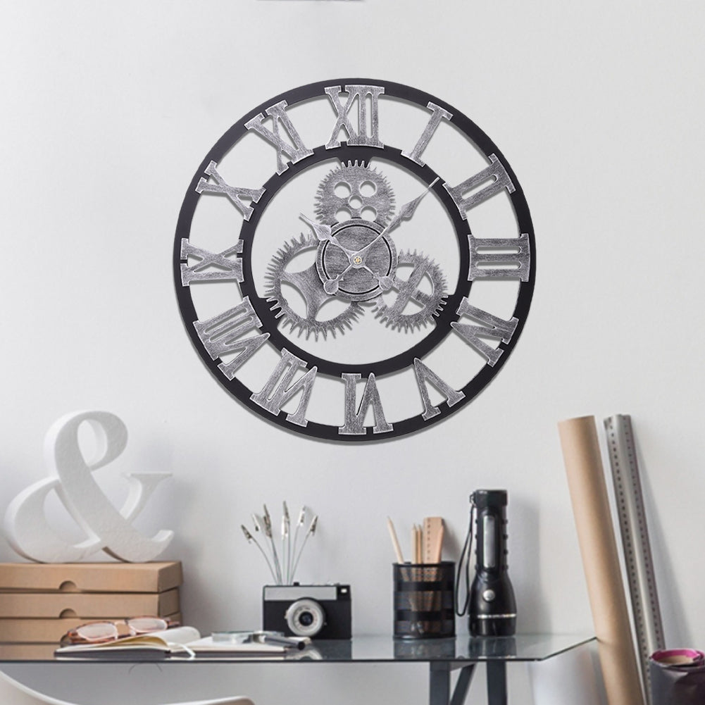 Industrial Large Retro Silent Wall Clock For Home Decor | Silver