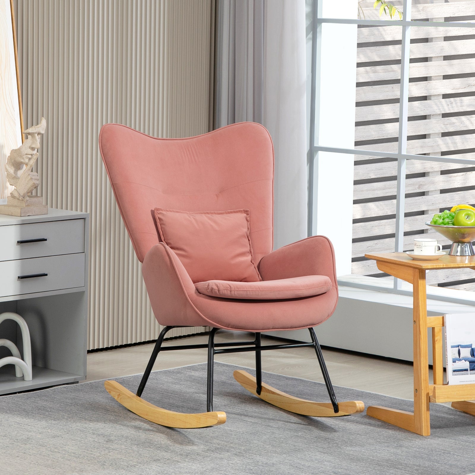 Velvet Rocking Chair With Lumbar Pillow, Bedroom
