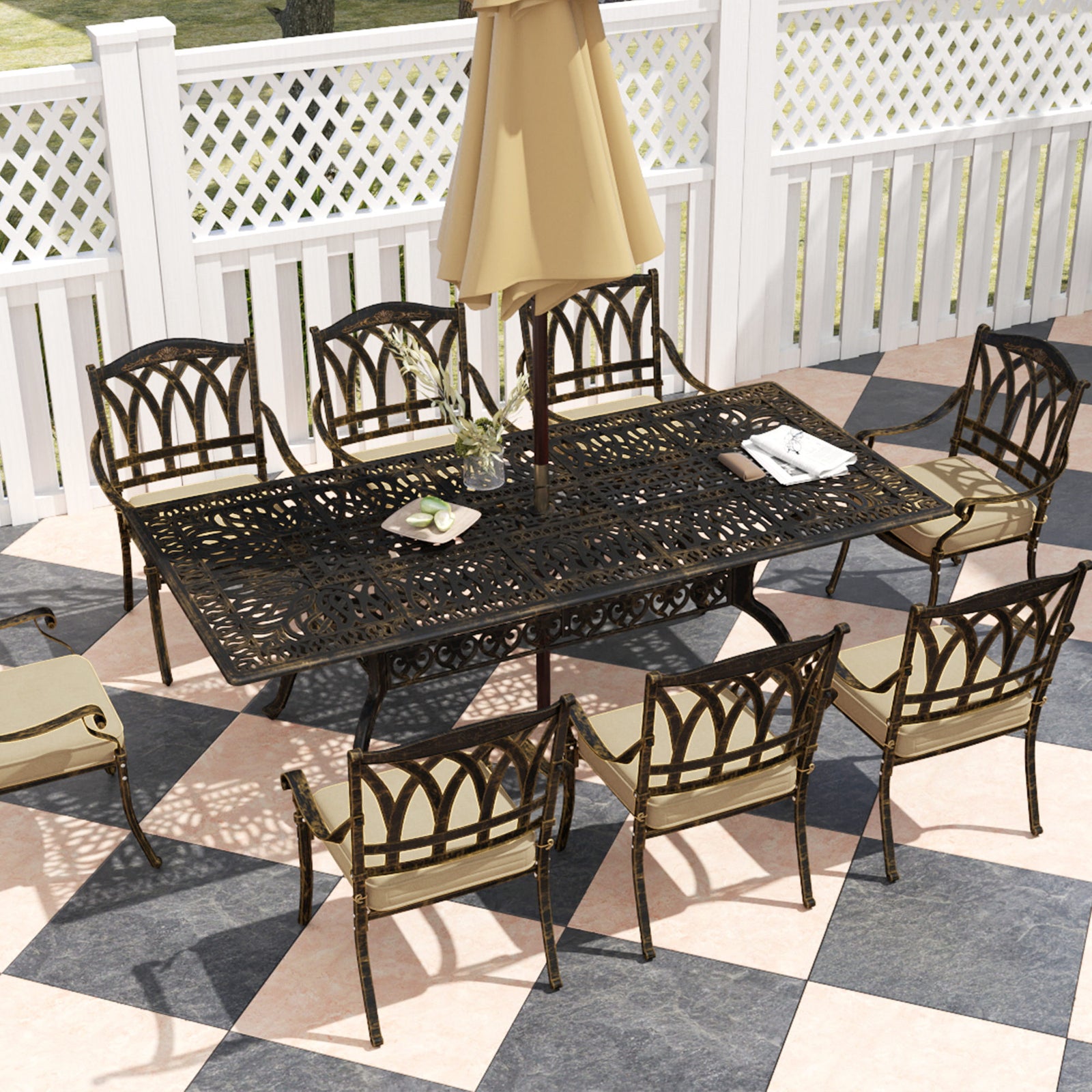 9 Pieces Cast Aluminium Garden Dining Set W/ Parasol Hole