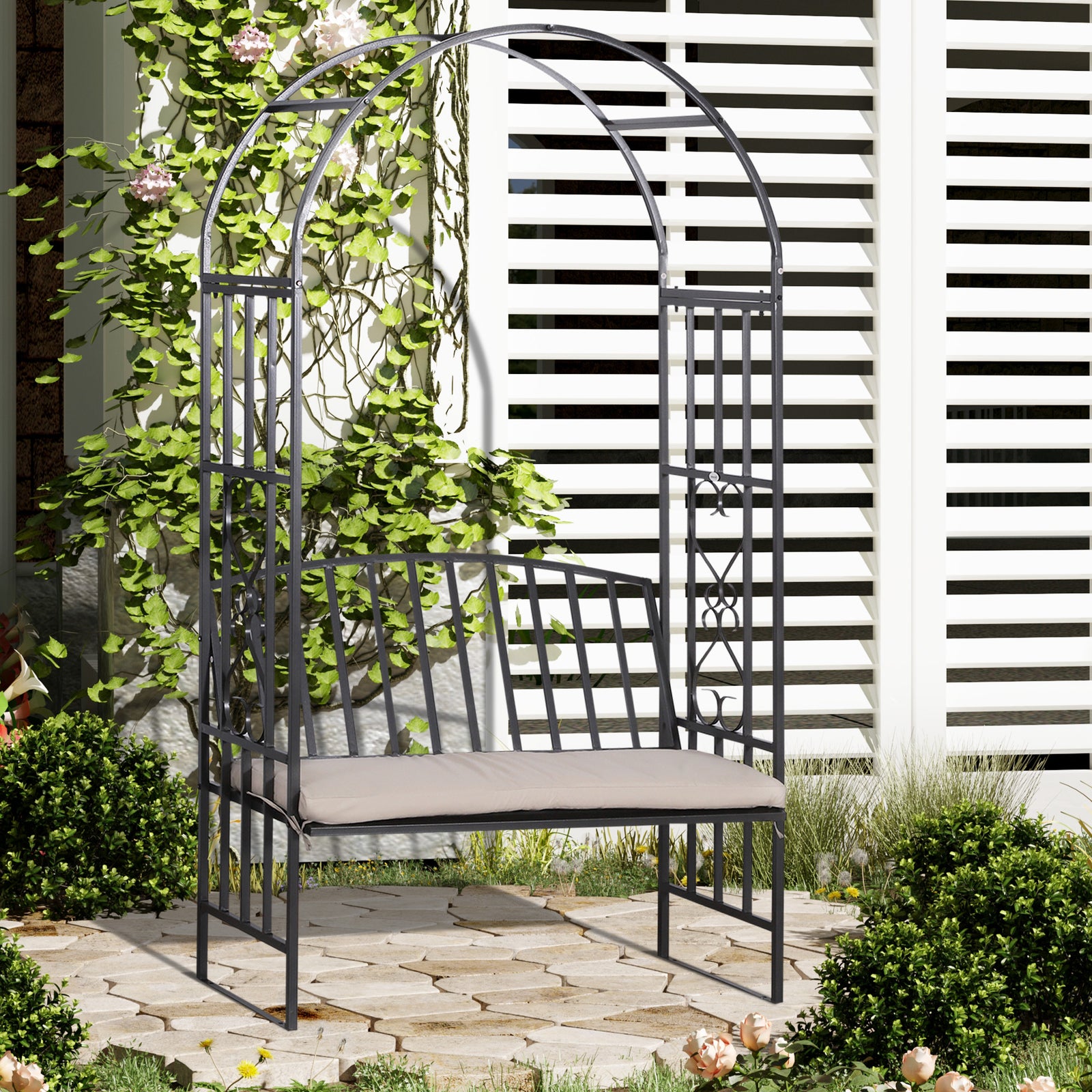 Garden Arbor Arch Metal Bench Padded