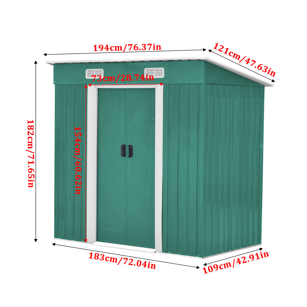 4x6ft Metal Storage Shed With Double Doors,ventilation And Foundation Frame Flat Roof Outdoor Tool Shed For Garden | Dark Green