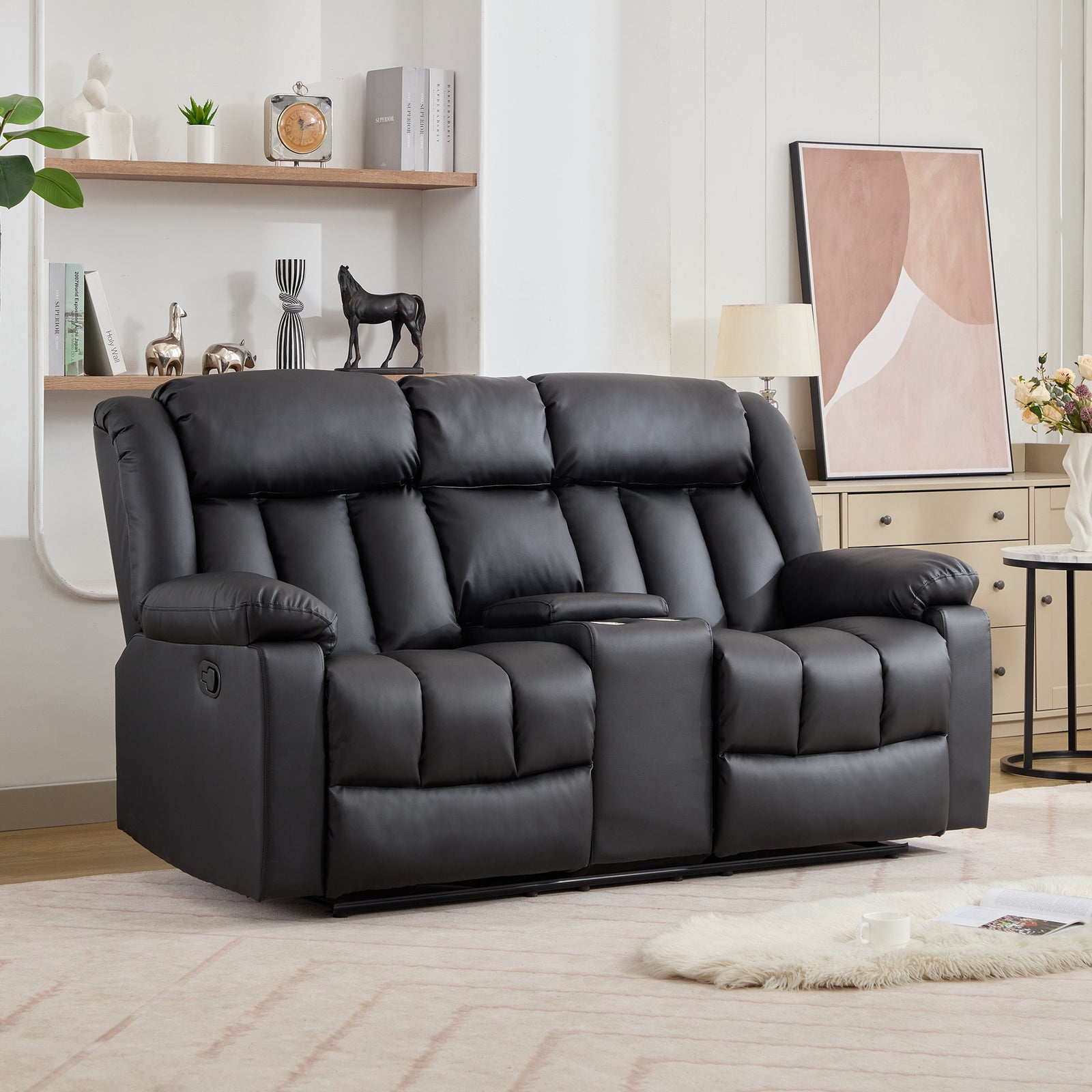 Sheridan 2 Seat Manual Recliner Sofa With Central Console | Black