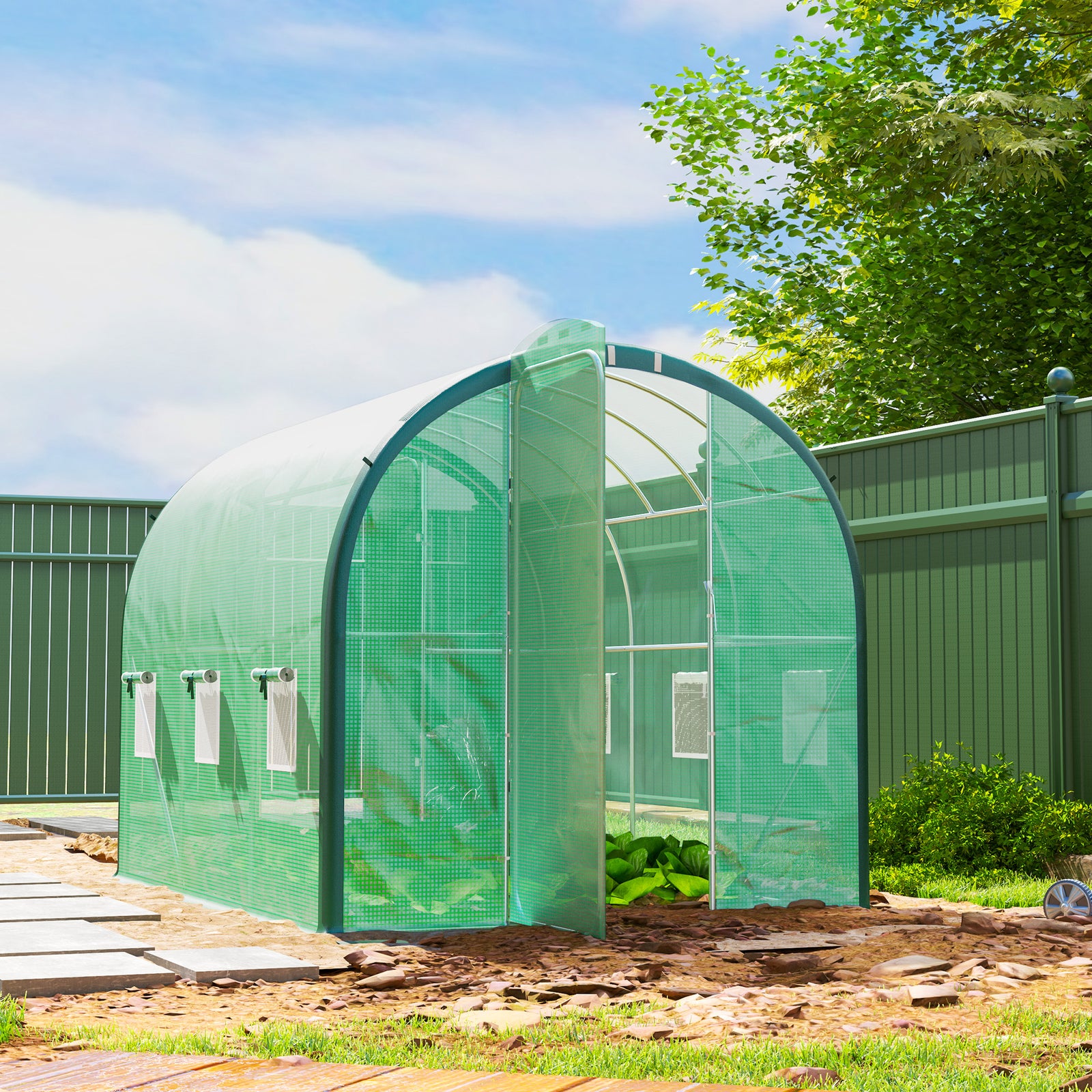 Tunnel Greenhouse, Upgraded Structure, Hinged Doors | Medium | Green