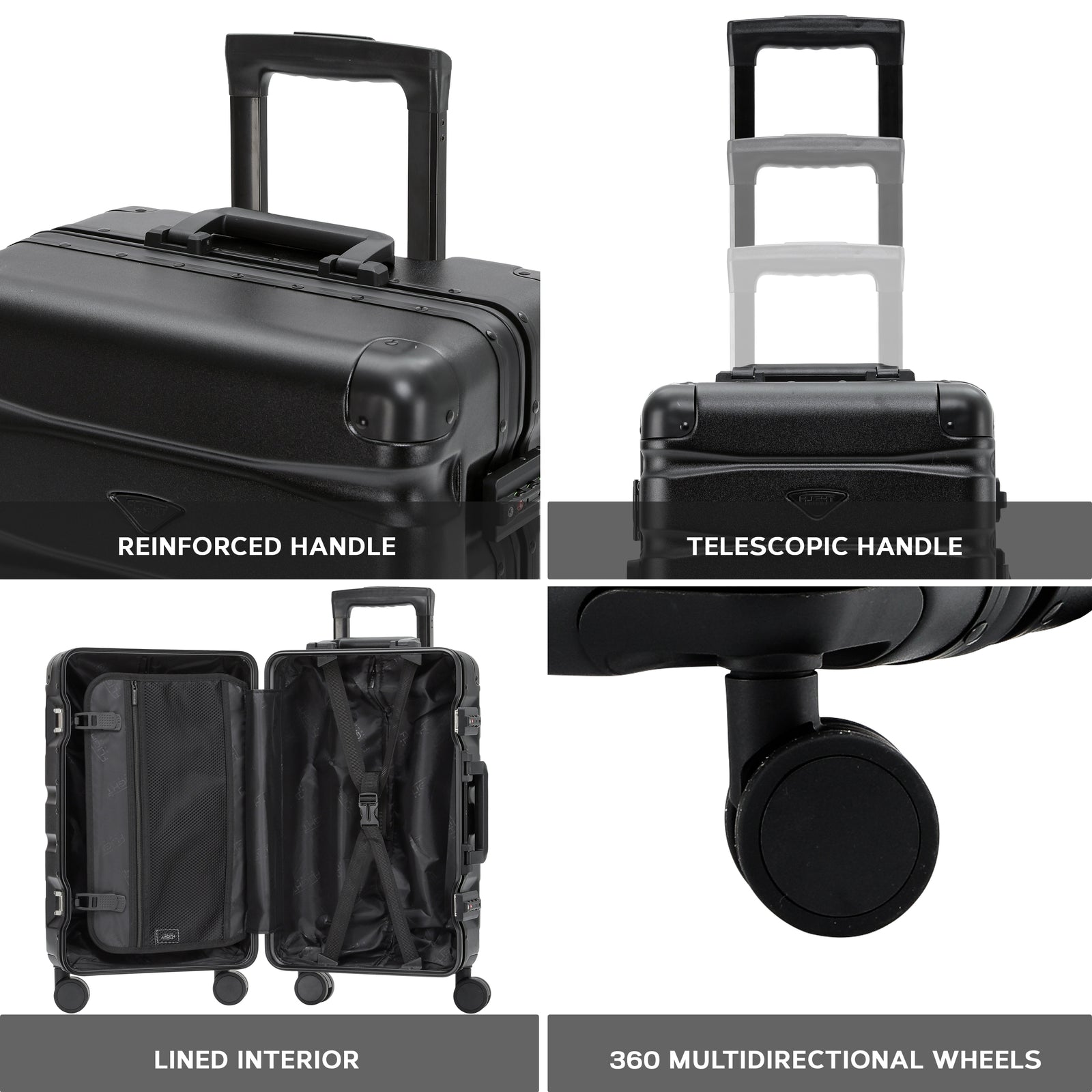 Set Of 3 Aluminium Frame/ABS Body Outer Cabin Carry & Check In Hold Luggage. Overhead Cabin Bag + Medium & Large Check-in Hold Suitcases | Set-of-3 | Black