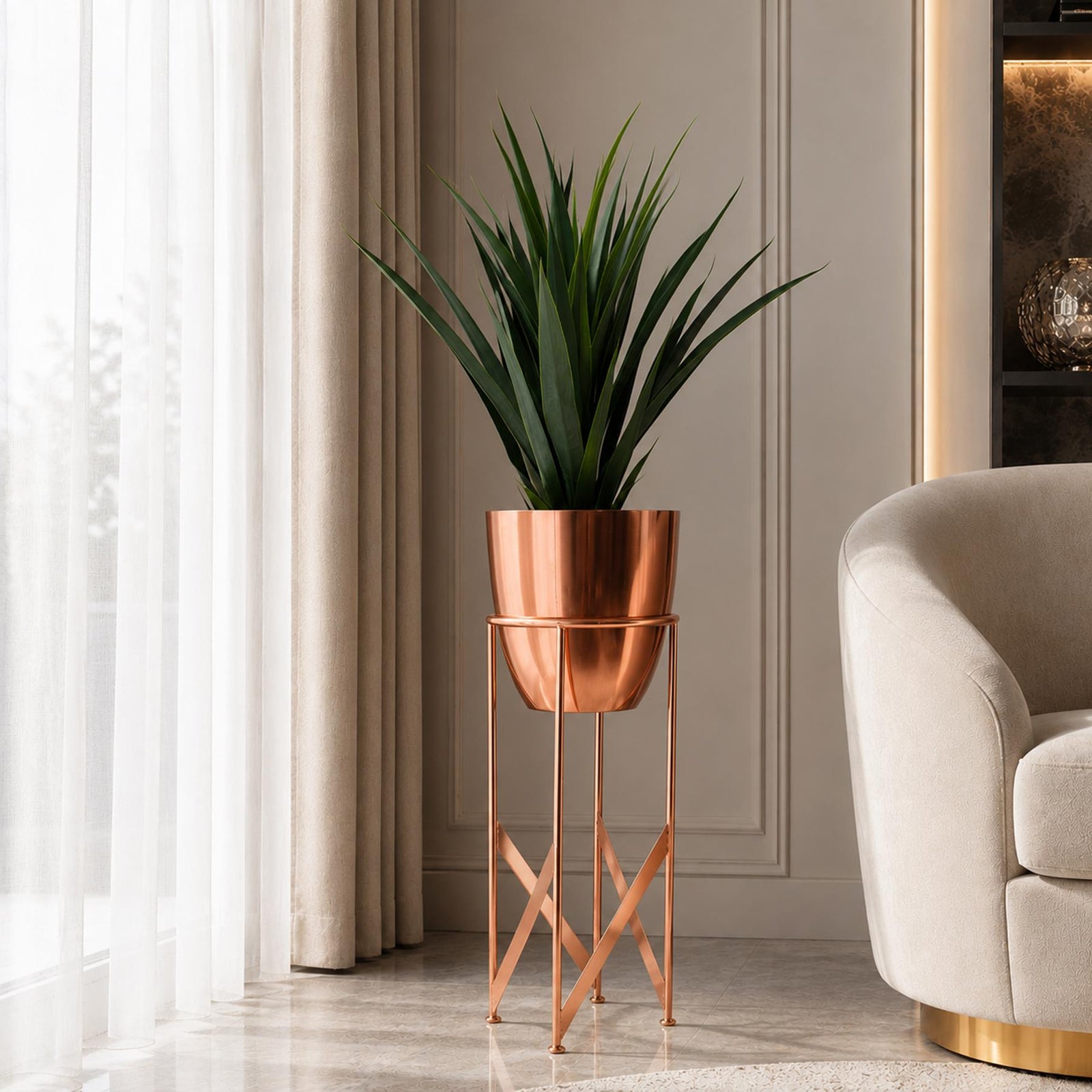 Artificial Yukka Plant Metal Planter Stand 90cm Tall Realistic Premium Botanik | Copper