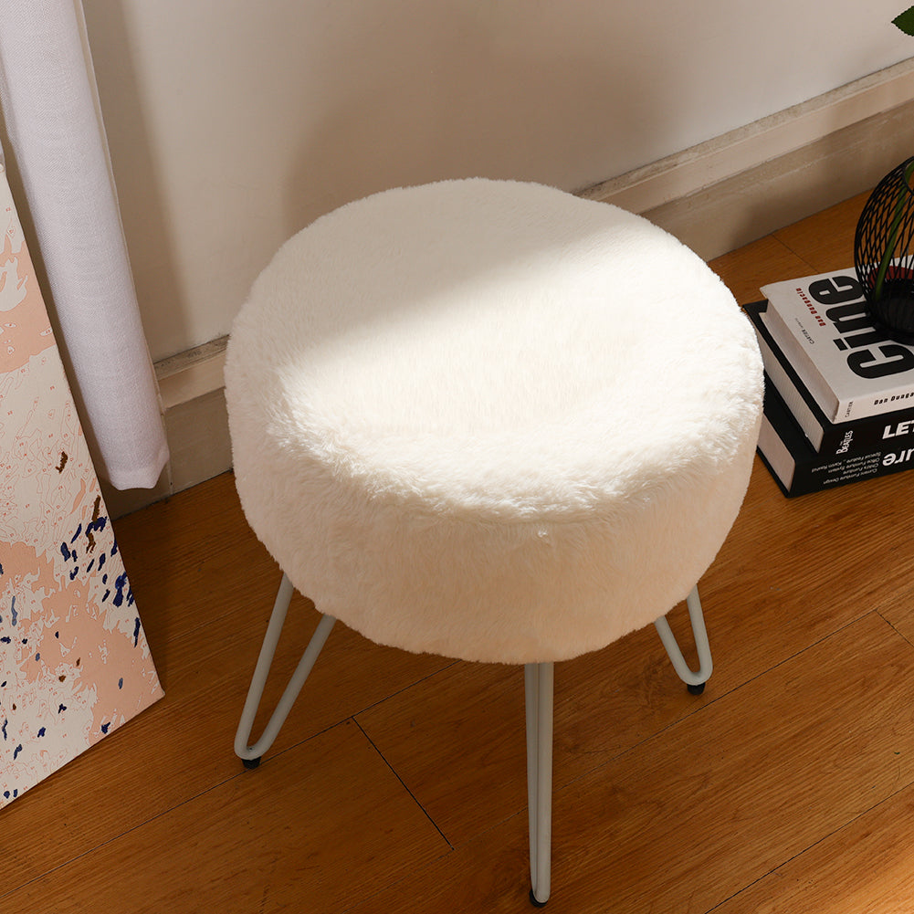 Round Fuzzy Ottoman Vanity Stool Soft Plush Makeup Chair For Bedroom | White