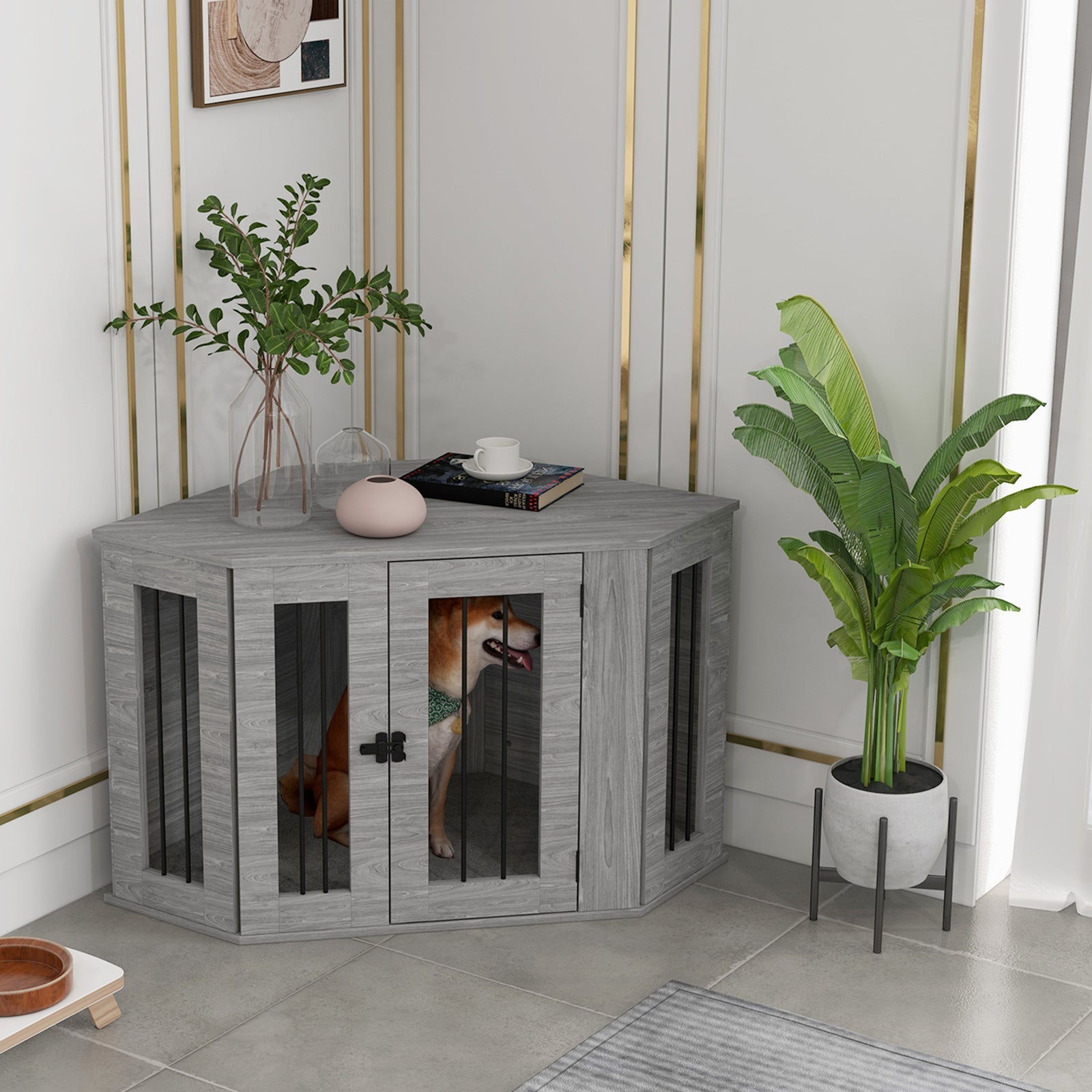 Dog Crate W/ Cushion, Large Door - Medium Dogs | Gray