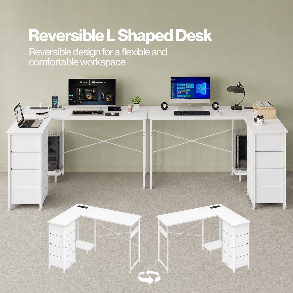 Corner Desk L Shaped With Drawers Power Outlet Office Gaming Wood White | White