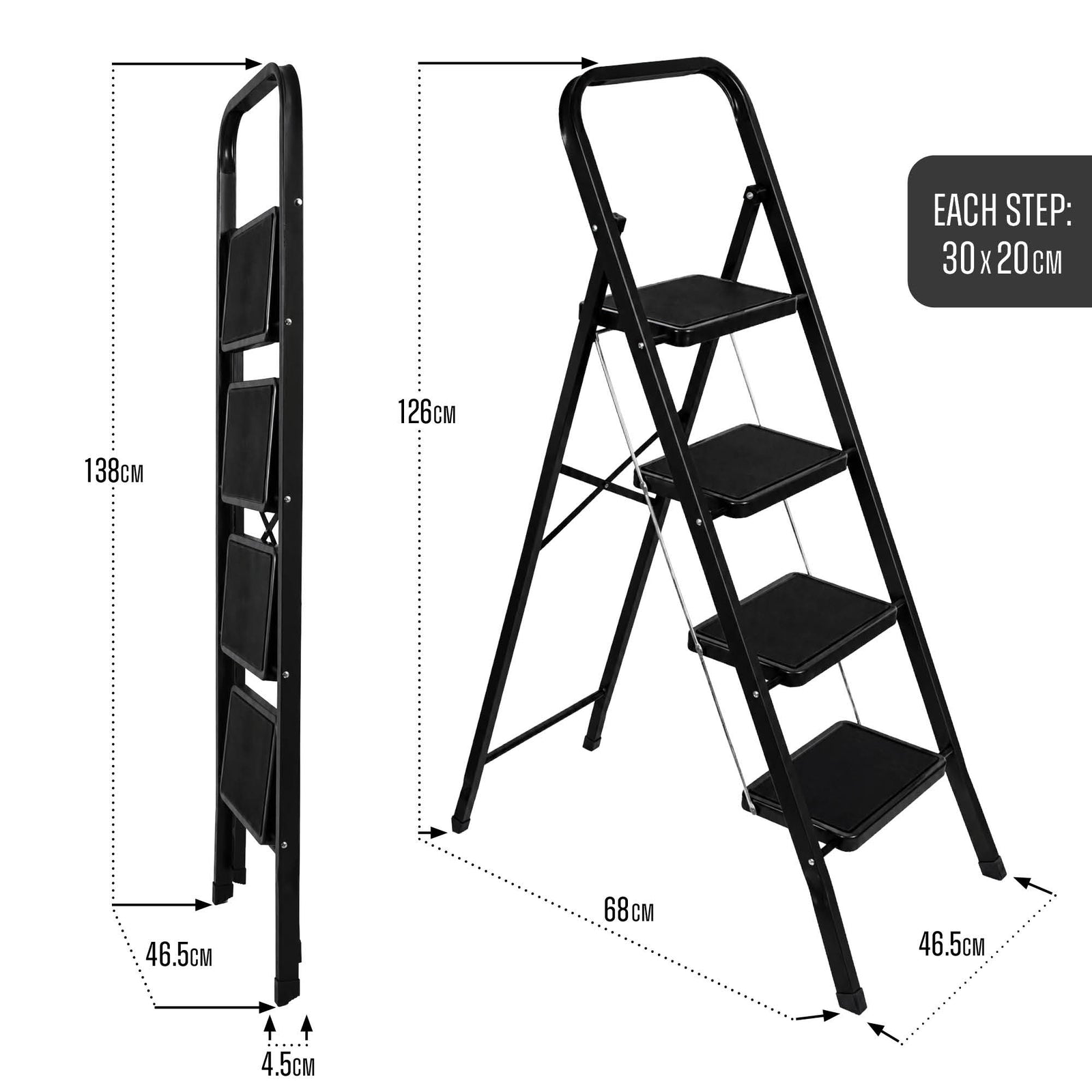 4 Step Ladder Heavy-duty Steel Folding Step Stool 150kg Capacity | Black