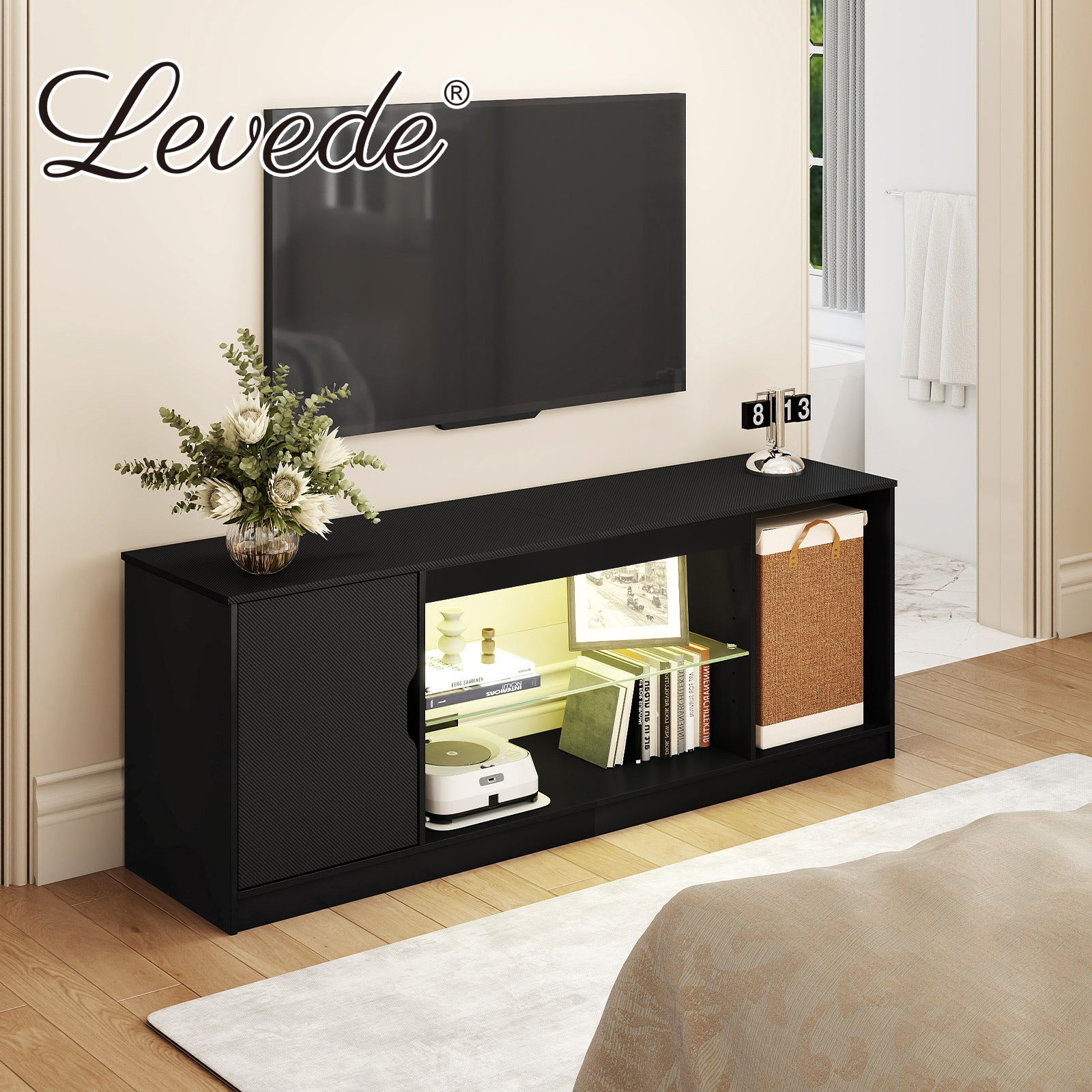 Tv Stand Entertainment Unit Tv Cabinet Stand Storage With Led 140cm Black | Black