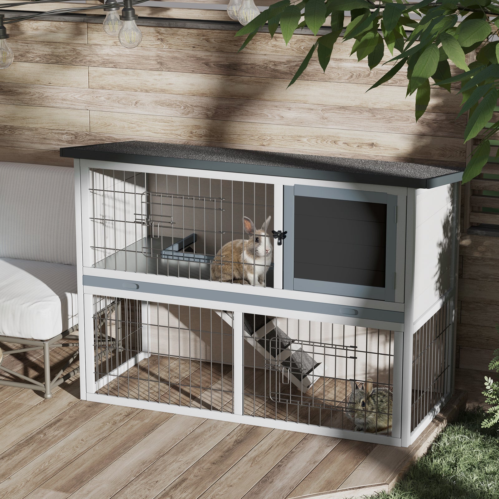 Rabbit Hutch W/ Removable Tray Openable Top For Indoors & Outdoors Grey