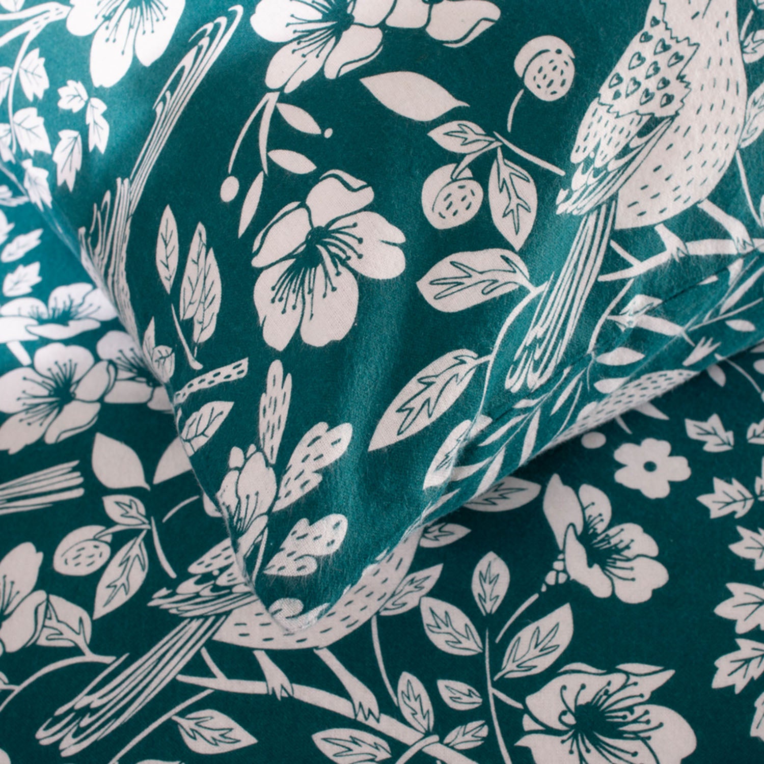 Woodland Bird Printed Design Brushed Cotton Duvet Set | Super King | Green