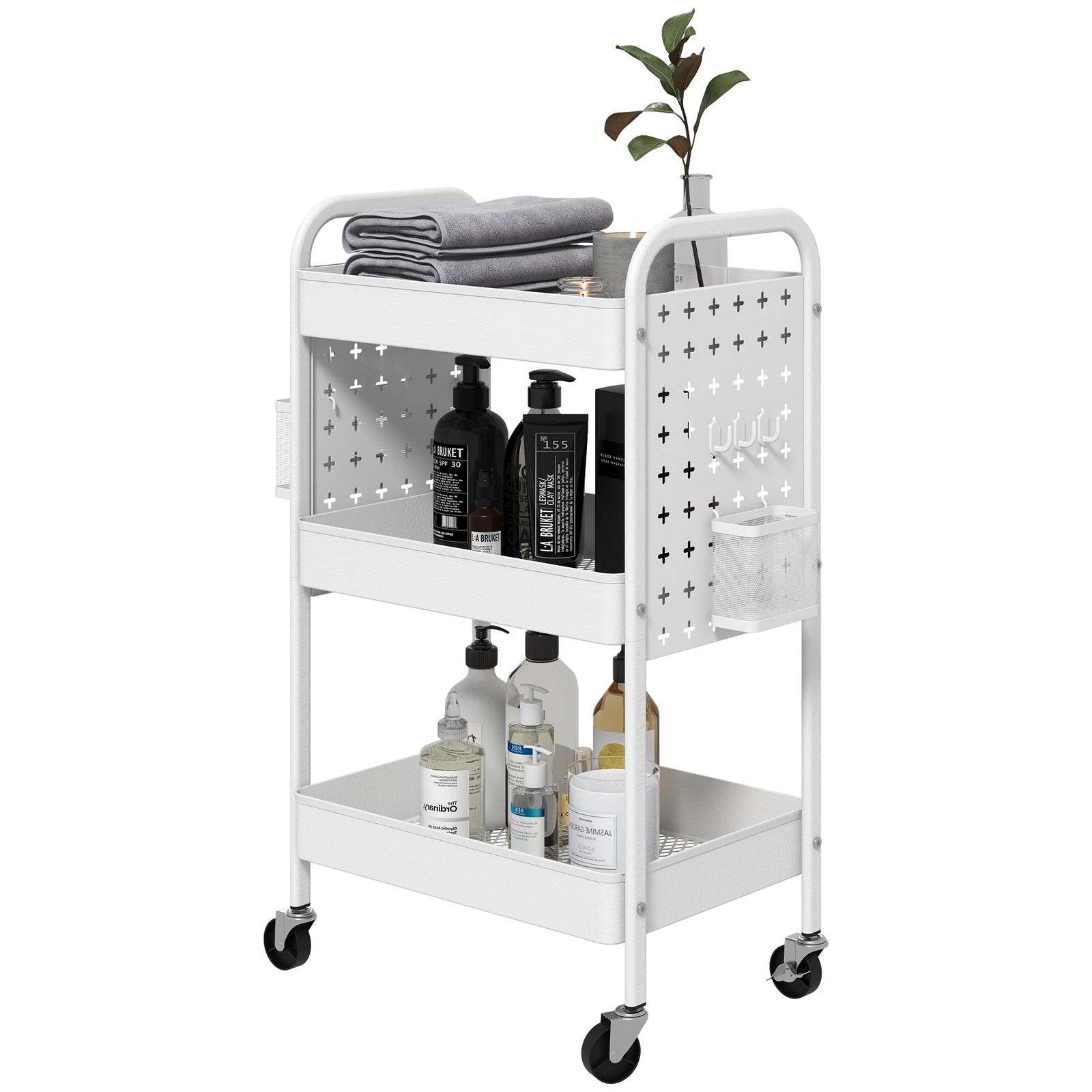 Rolling Utility Cart With 3 Mesh Basket, 2 Boxes, 6 Hooks