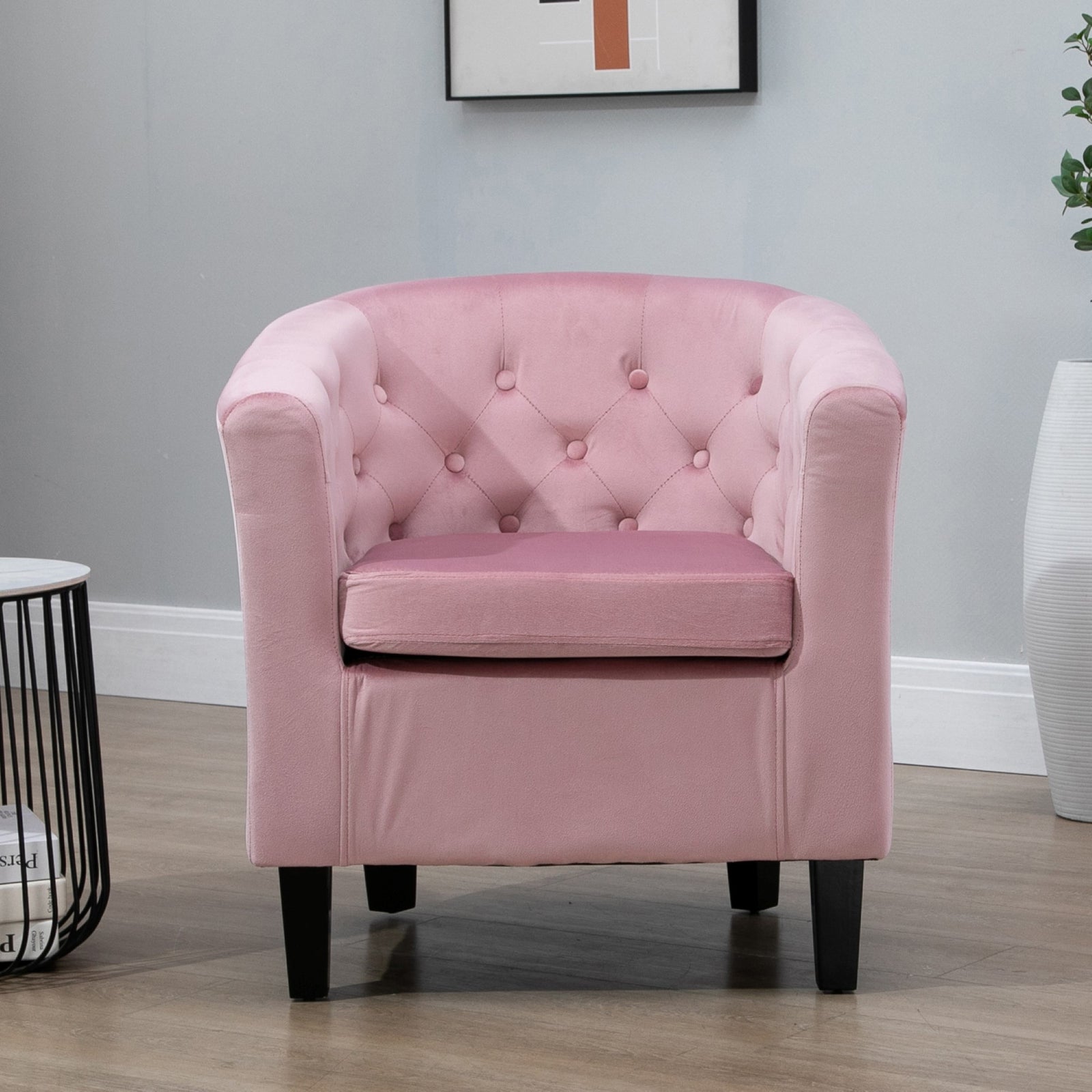 Clio 68cm Wide Velvet Fabric Studded Back Accent Chair With Dark And Light Wooden Legs | Pink