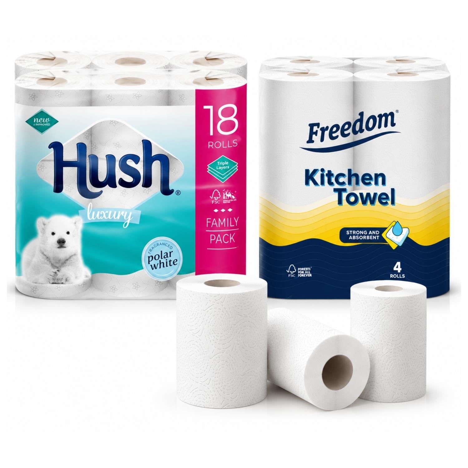 Freedom Rhino Kitchen Paper 24 Rolls + White 3-ply Toilet Tissues 18 Rolls