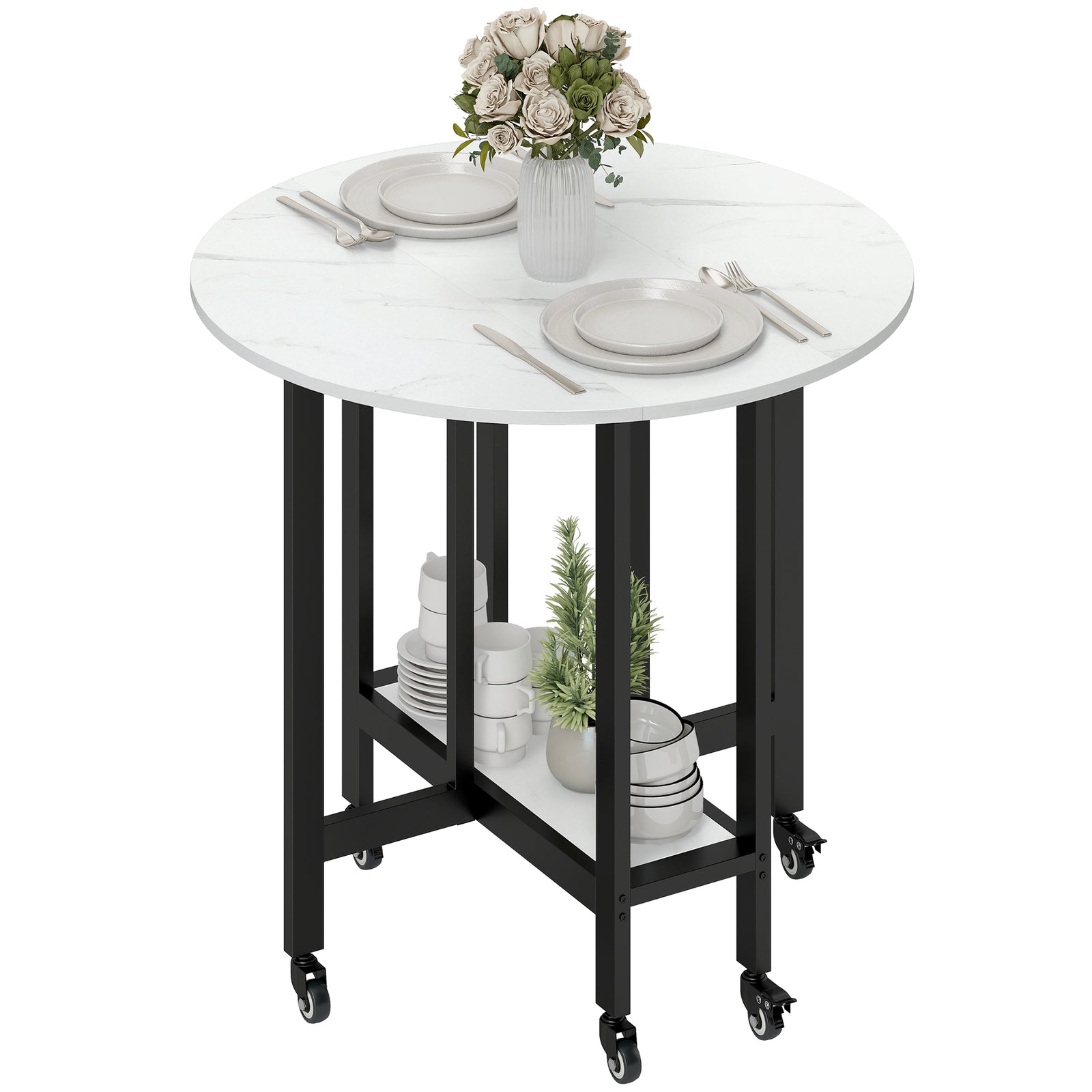 Folding Dining Table, Drop Leaf Table With Open Shelf, White Marble | M | White