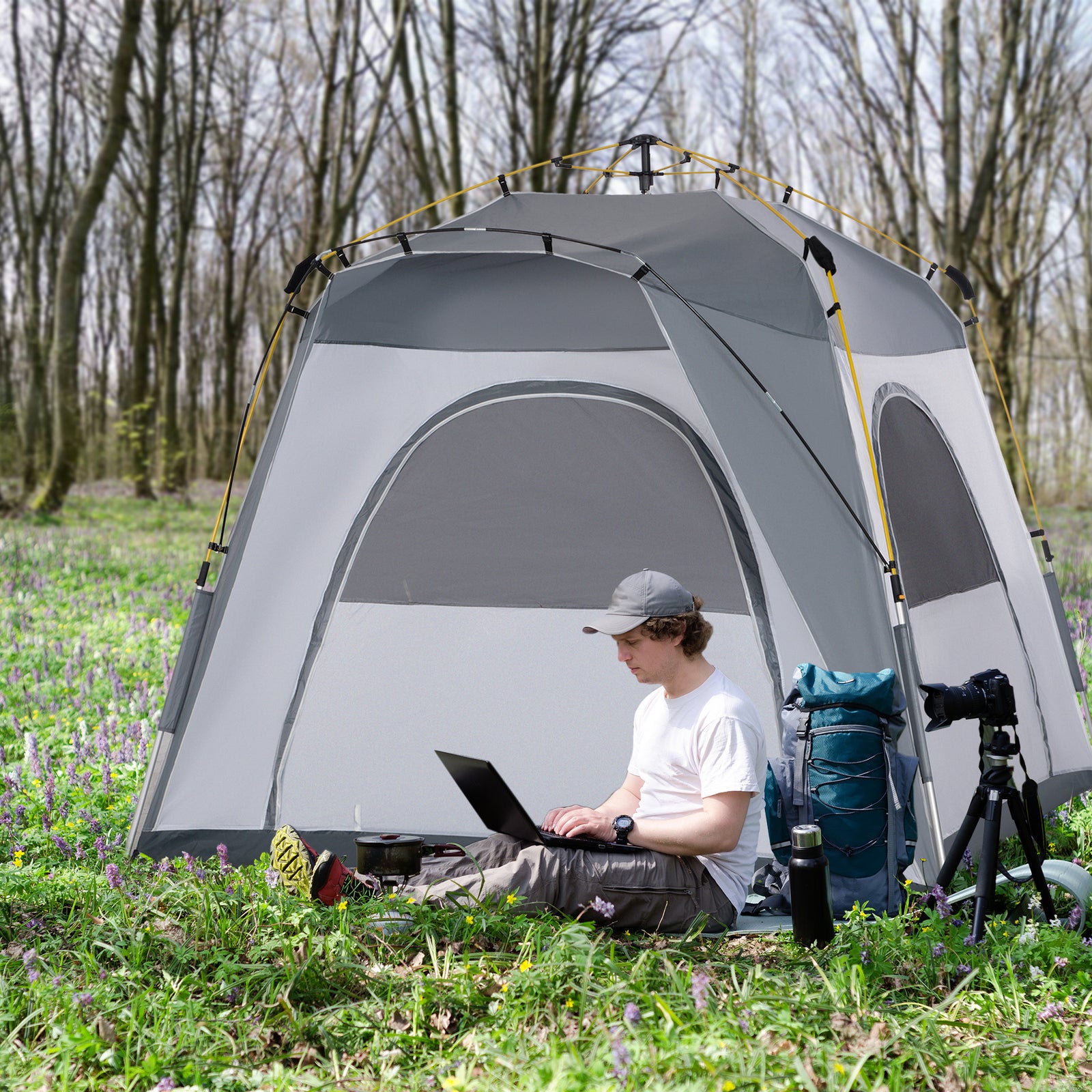 3 Man Pop Up Tent Automatic Camping Backpacking Dome Shelter | Light Slate Gray