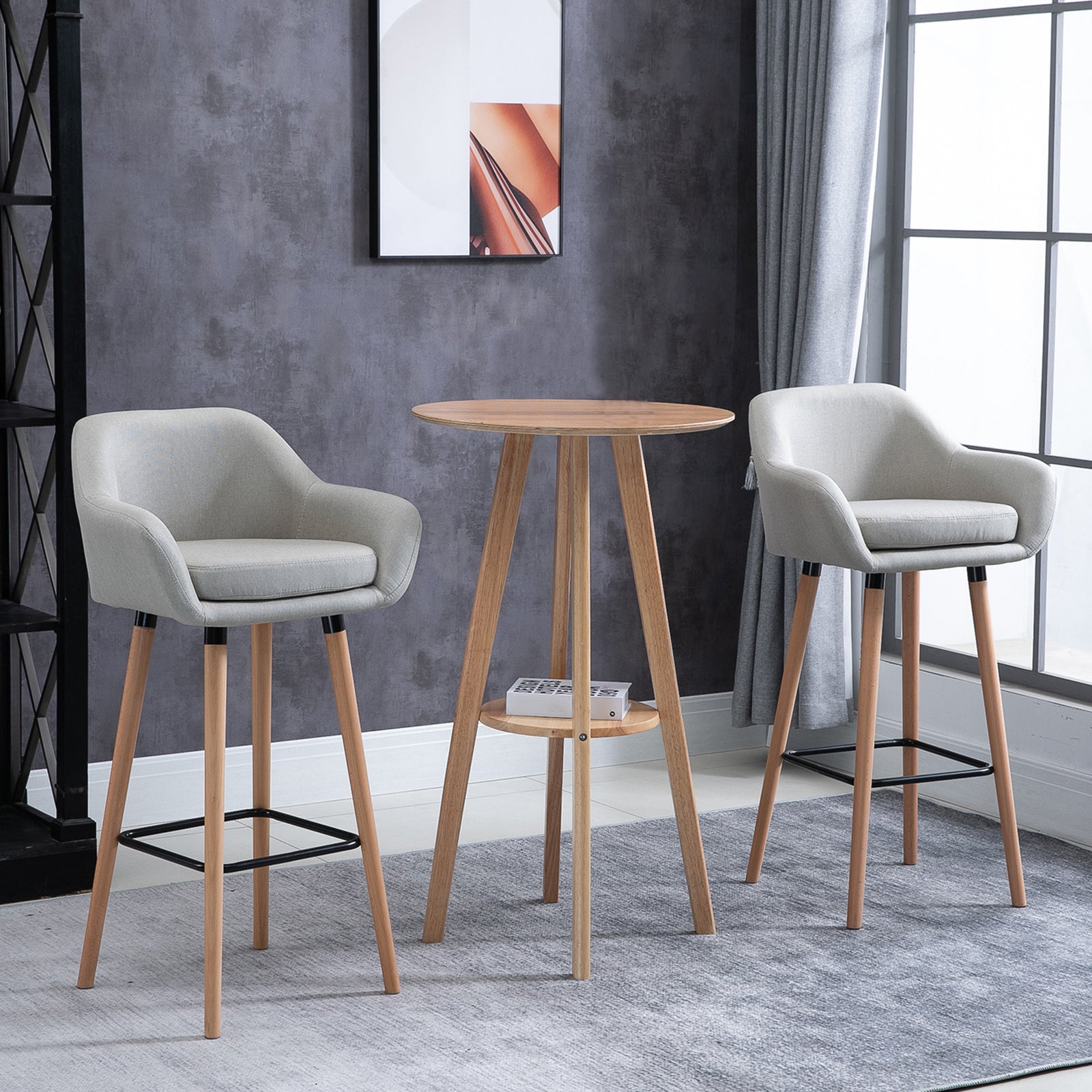 Upholstered Bucket Seat Bar Stools W/ Wood Legs | Beige