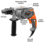 1050w Powerful Electric Corded Hammer Drill, Variable Speed, Lightweight, Key Chuck, Hammer And Electric Drill Modes