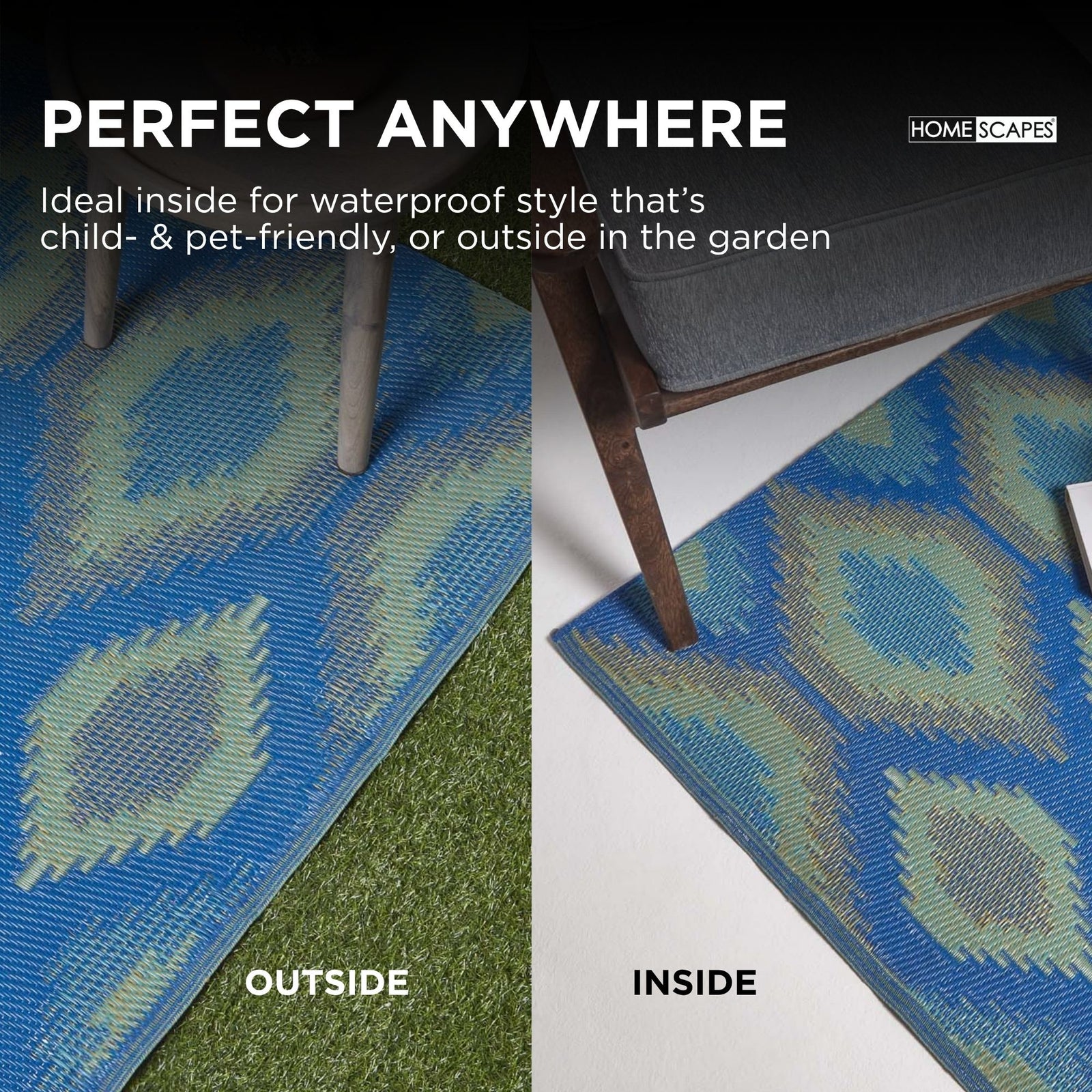 Luxury Outdoor Rug Waterproof Reversible For Garden Patio 100% Recycled, Blue Amber Ikat | 180cm x 270cm | Blue