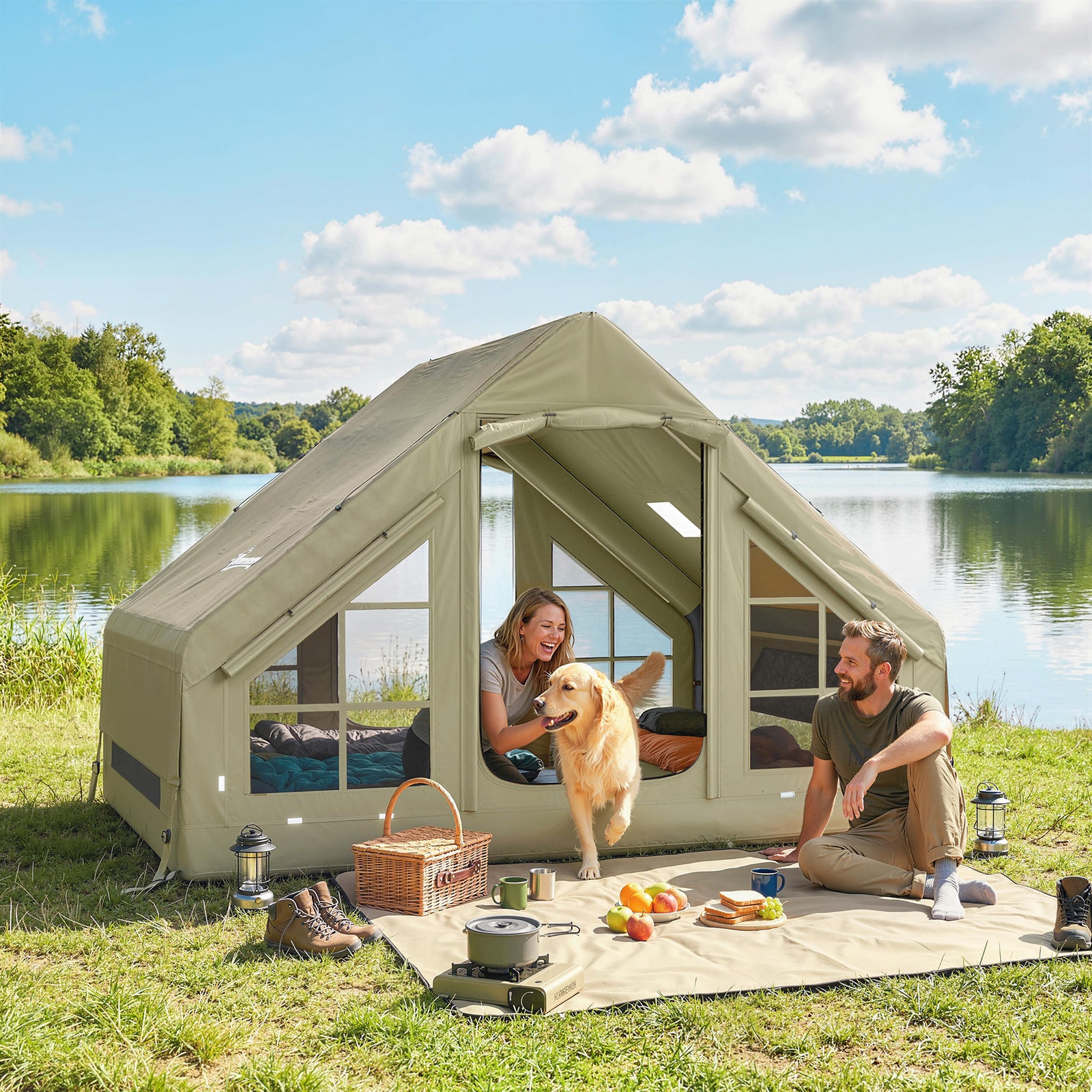 Inflatable Camping Tent With Pump, 2-4 Person Glamping Tent | Green