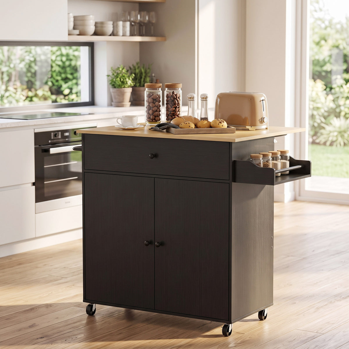 Kitchen Island With Drop Leaf, Rolling Kitchen Storage Trolley | Black