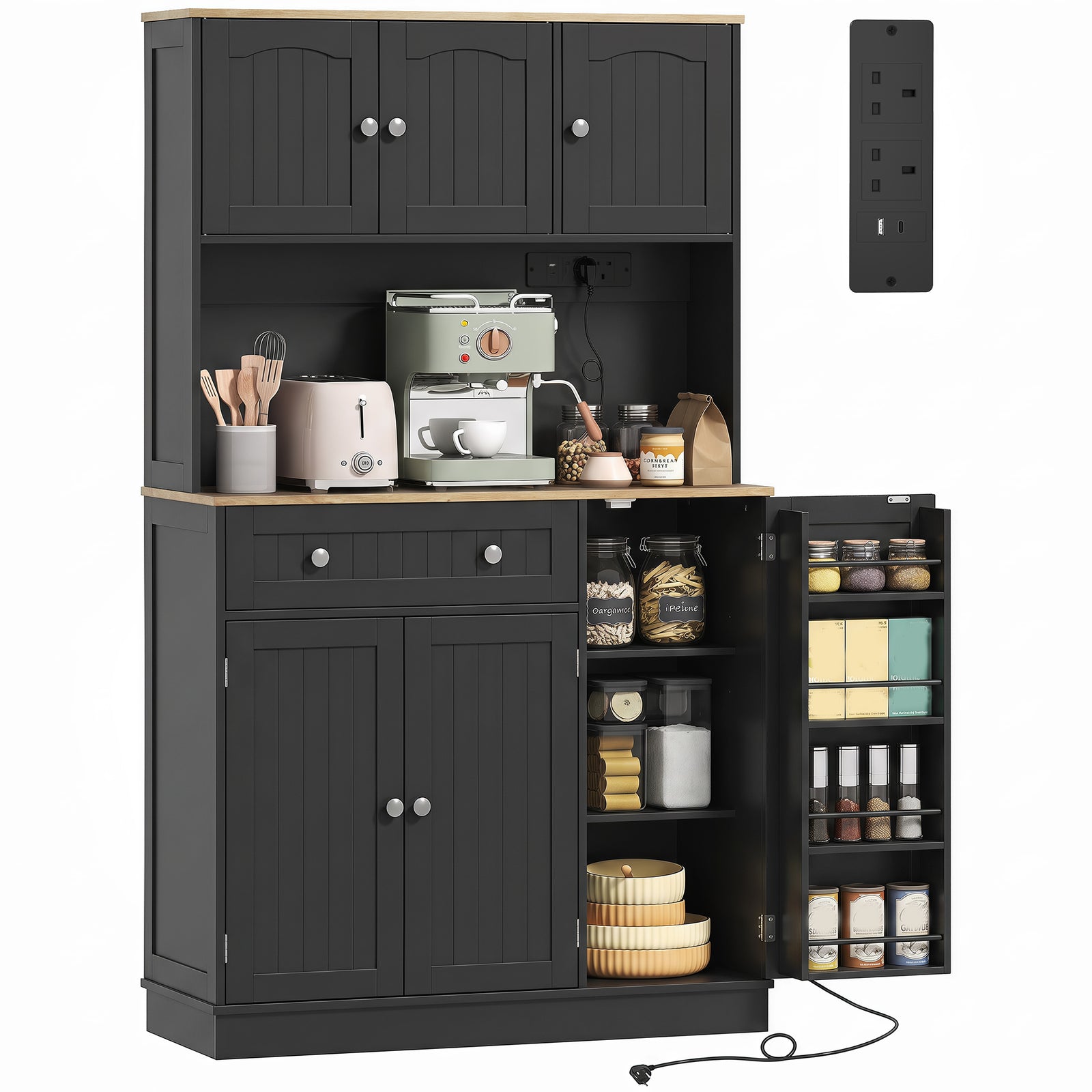 Pantry Storage Cabinet With Adjustable Shelves And 4 Door Racks | Black
