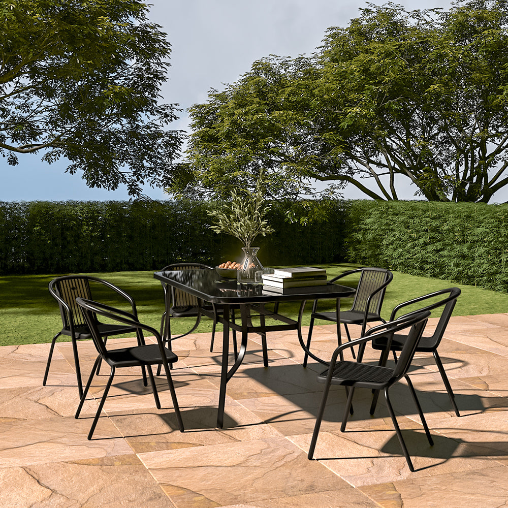 7 Pieces  Garden Dining Set Outdoor Tempered Glass Garden Table With Six Rattan Chairs | Large | Black