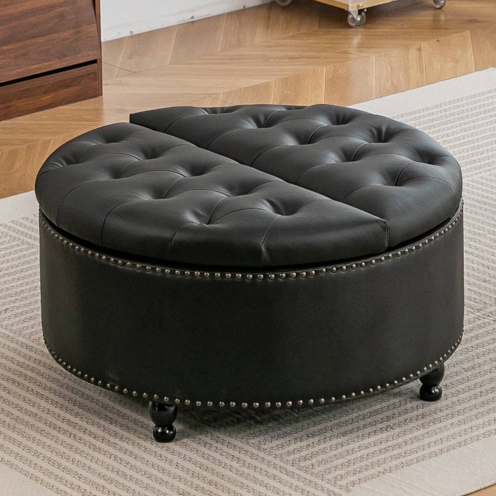 Round Pu Leather Upholstered Storage Ottoman With Lift-top & Flip Design | Black