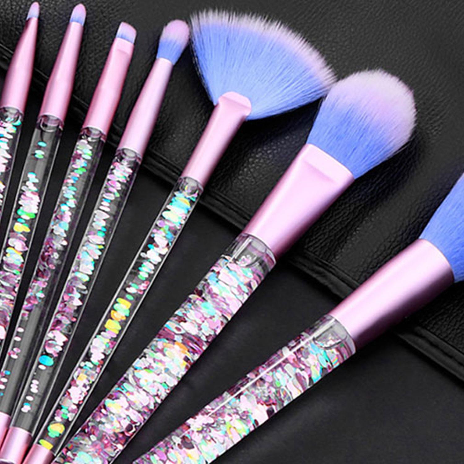 Cosmic Makeup Brush Set 7pc Liquid Glitter Handle Beauty Tool Kit Pink