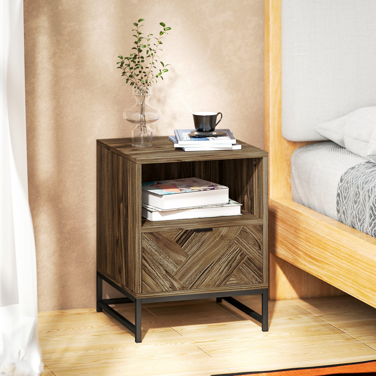 Bedside Table, Sofa Side Table With Drawer For Bedroom, Brown