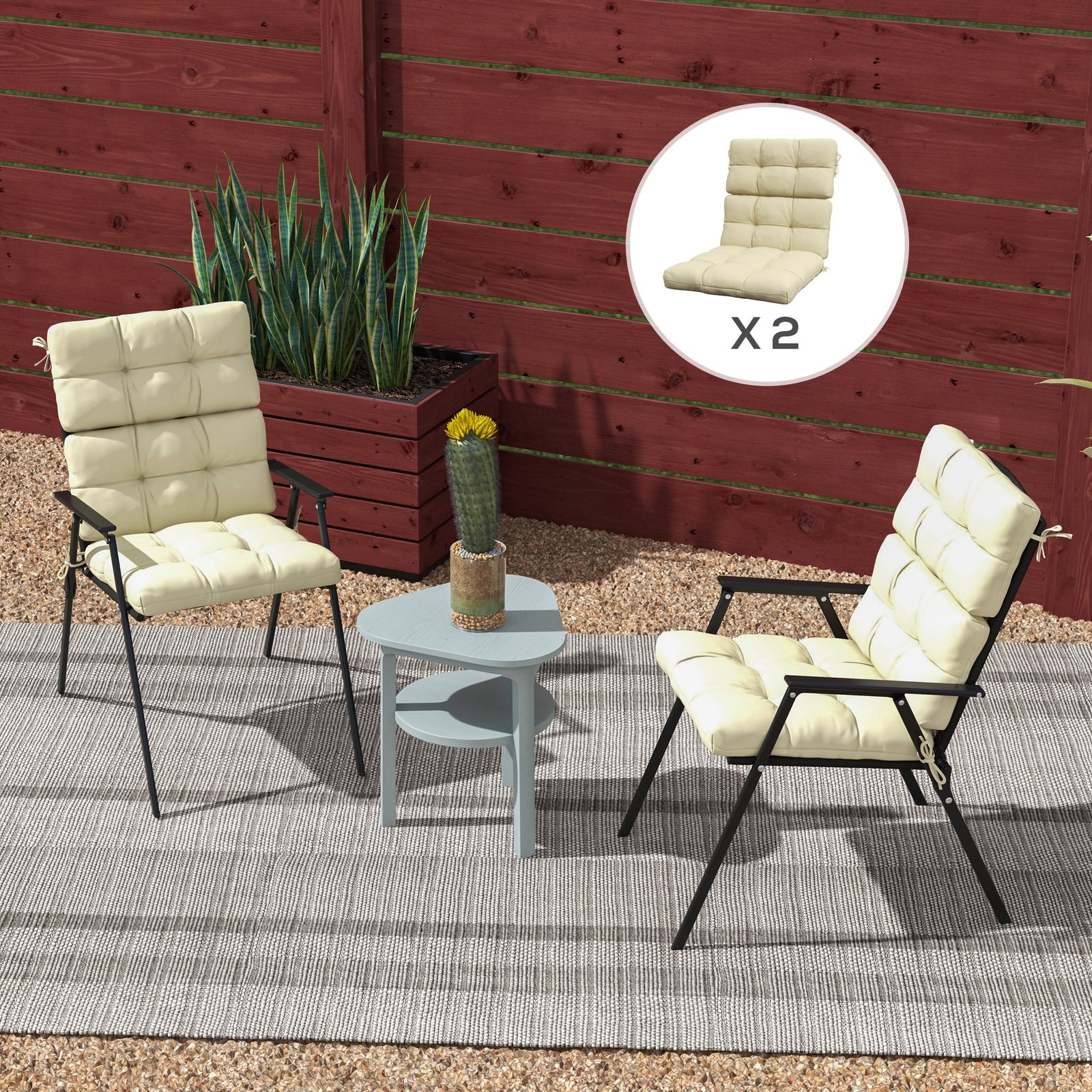 2pc Outdoor Seat Cushion With Backrest, Ties, For Garden | Beige