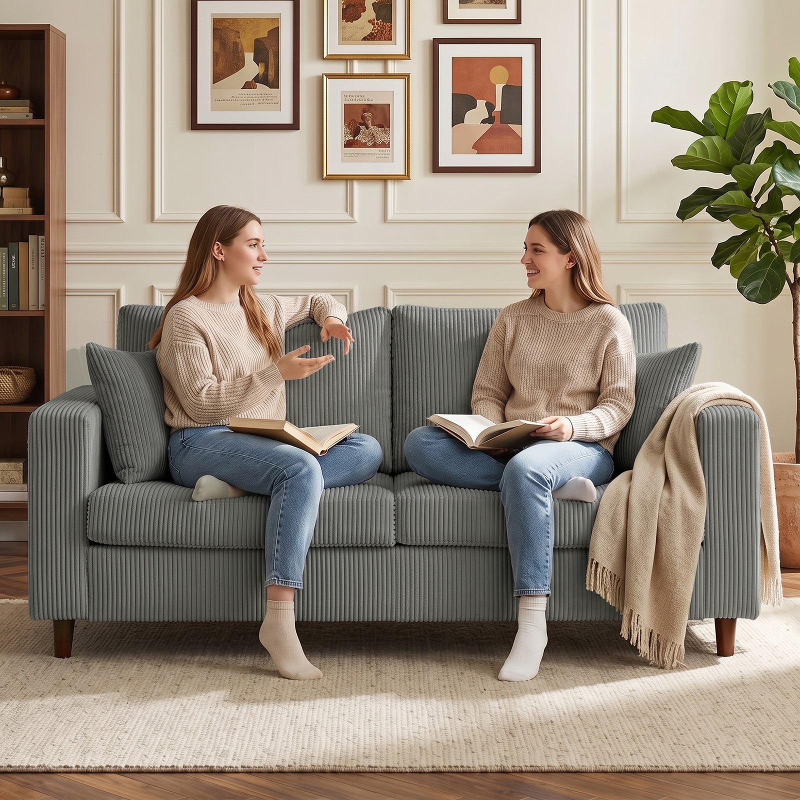 Loveseat Sofa With Wide Seat, Corduroy Upholstered | Light Grey