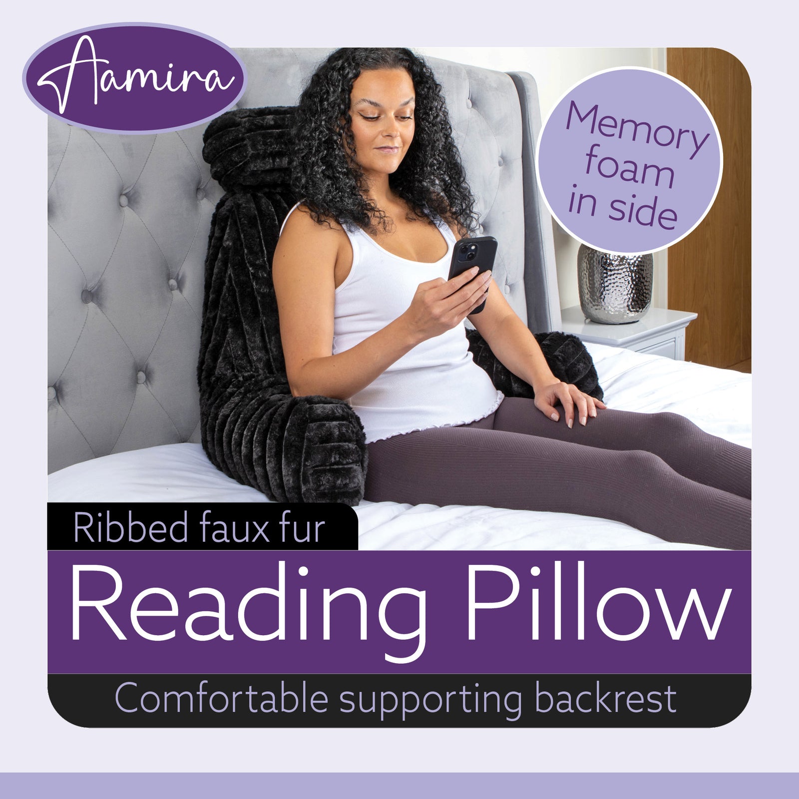 Luxurious Xl Reading Pillow Detachable Headrest, Soft Ribbed Faux Fur, Memory Foam Cuddle Cuddle Cushion Backrest | XL | Black