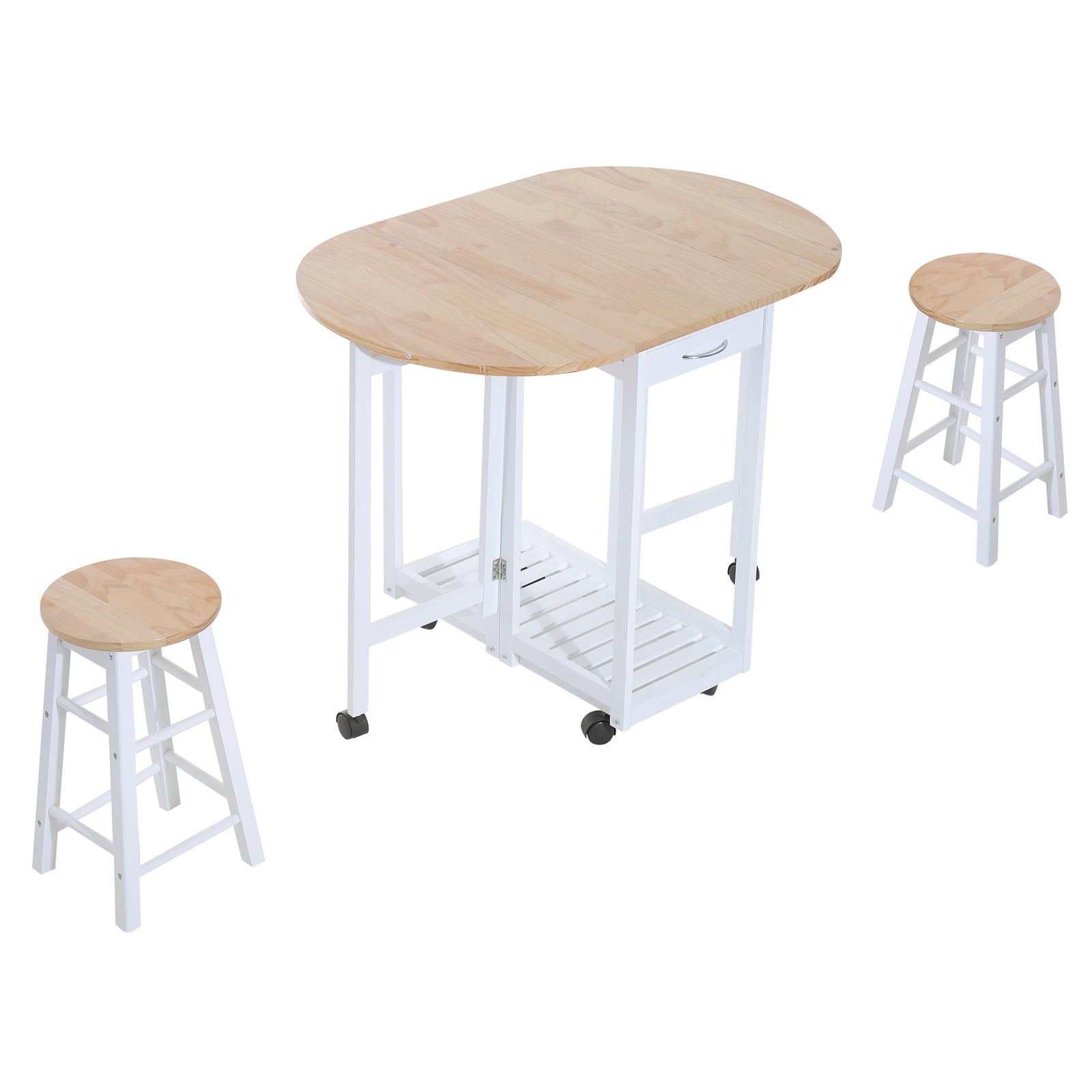 3pc Wooden Kitchen Cart, Folding Stools