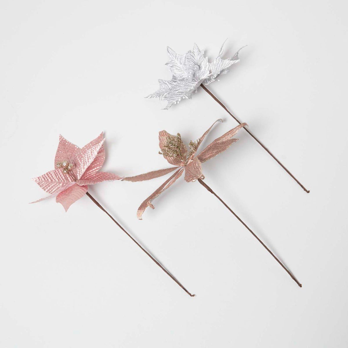 HOMESCAPES Artificial Set Of 3 Pink Poinsettia Single Stem Decorations
