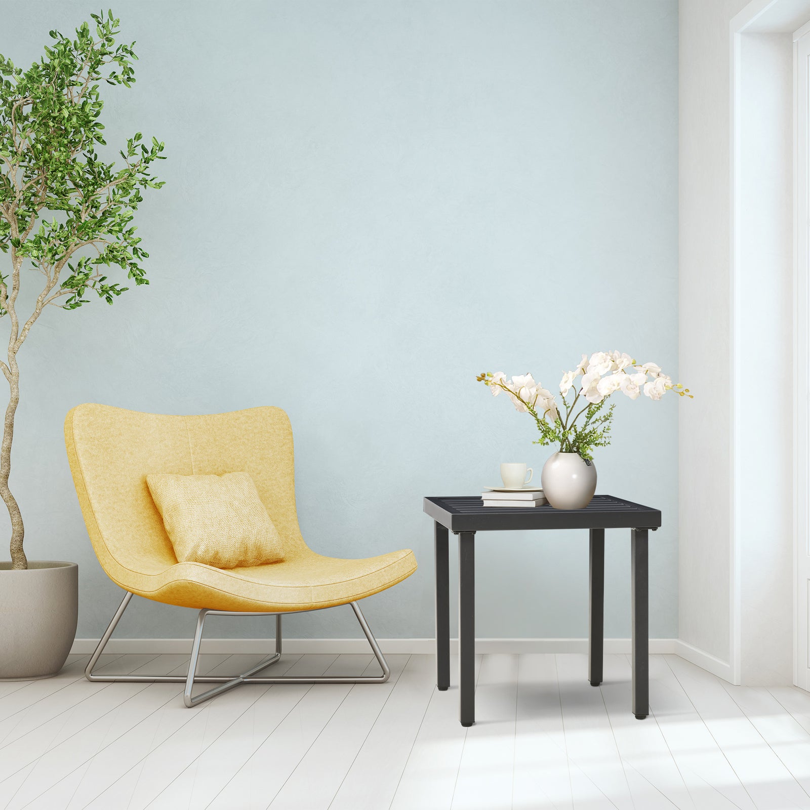 Patio End Table With Umbrella Hole And Steel Frame | Black
