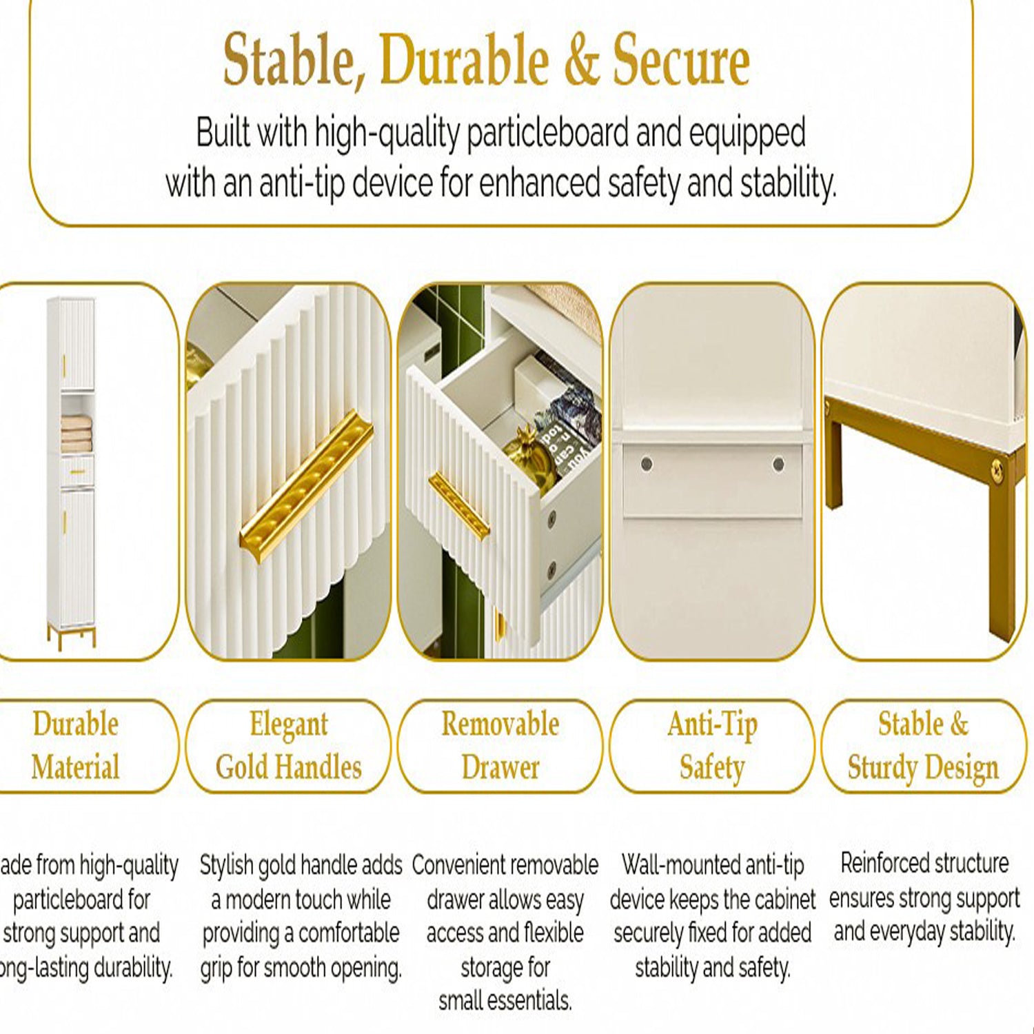 HYGRAD BUILT TO SURVIVE Slim Bathroom Tall Storage Cabinet – Freestanding Floor Cupboard With 2 Doors, 5 Shelves & Drawer