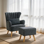 Navy Grey Upholstered Wingback Chair With Footstool & Pillow