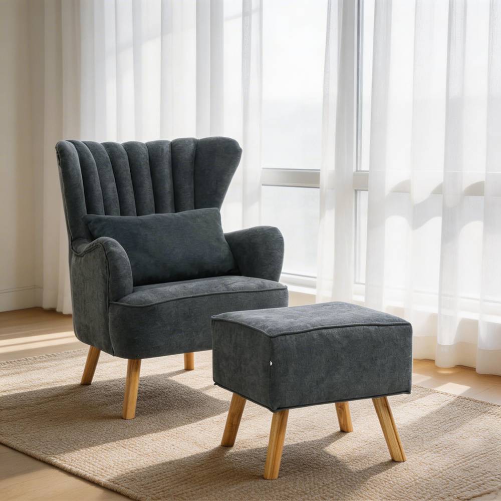 Navy Grey Upholstered Wingback Chair With Footstool & Pillow