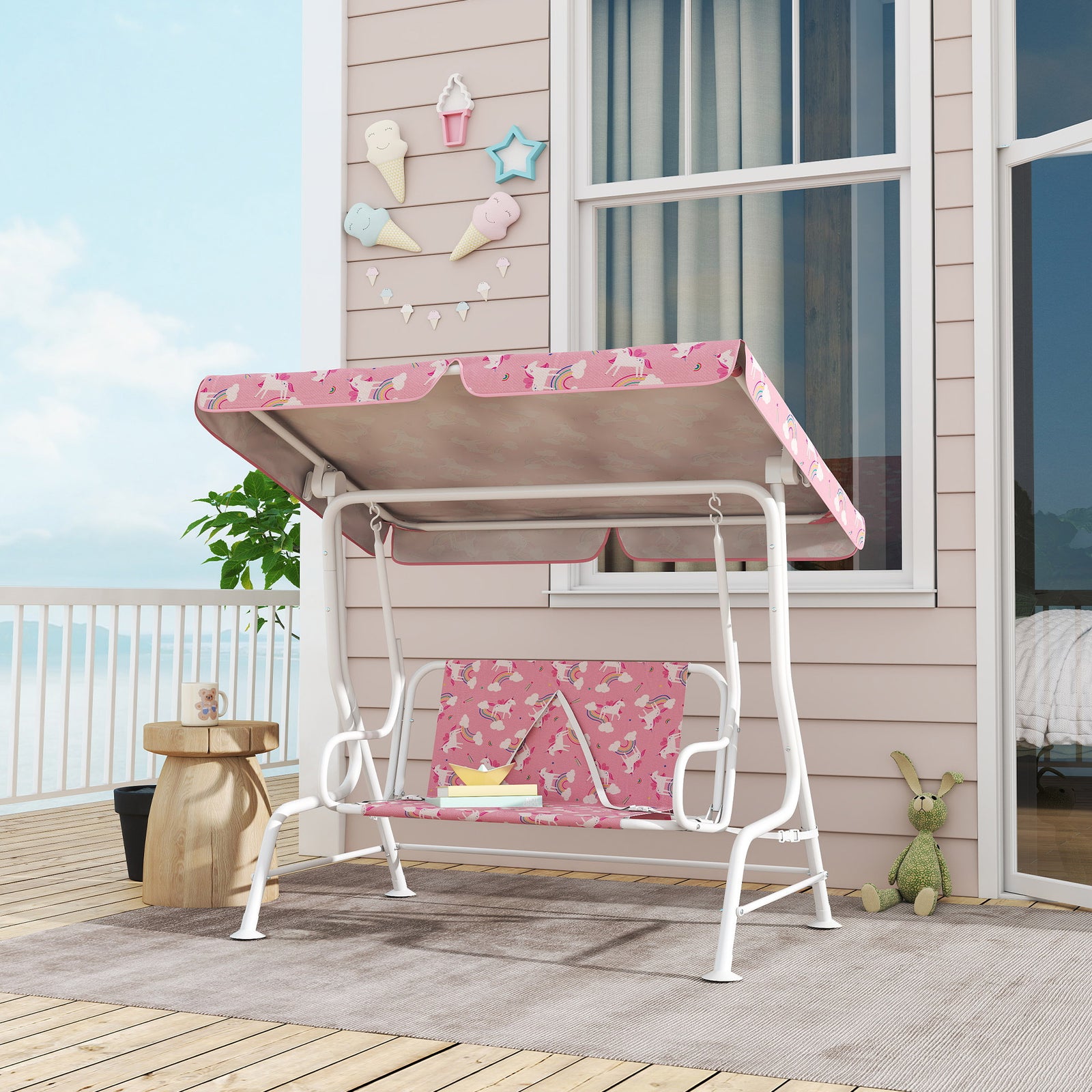 Kids 2-seater Porch Swing With Seat Belts, Adjustable Canopy Pink