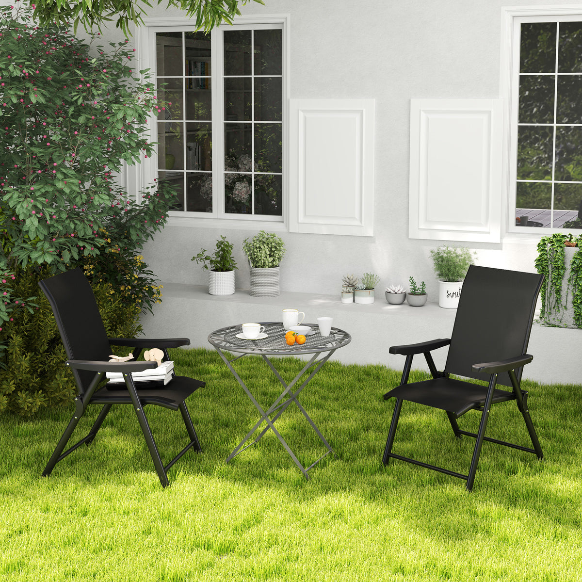 Folding Chair W/ Breathable Mesh Fabric Seat | Set of 2 | Black