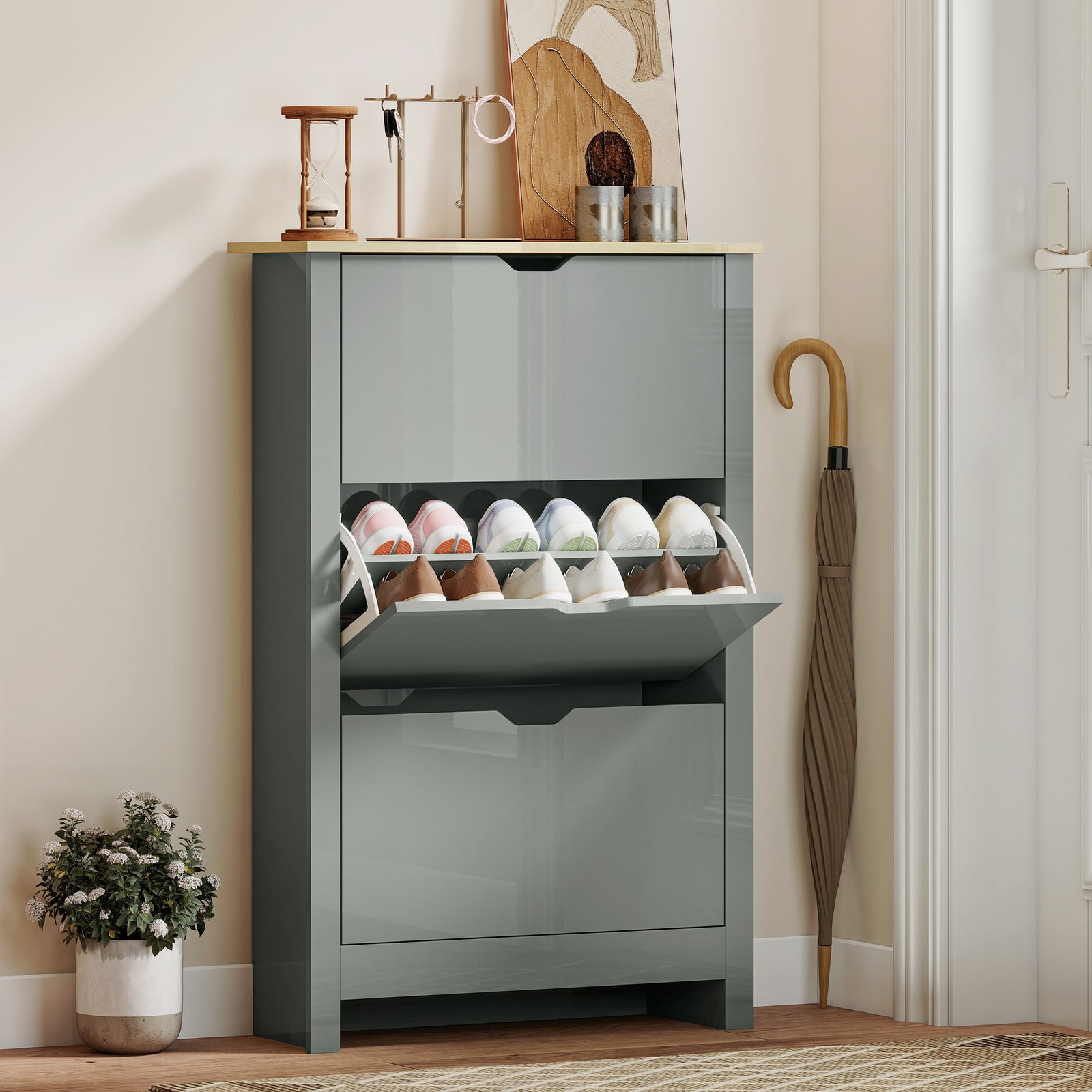 18-shoe Storage Cabinet 6 Shelves 3 Drawers Tabletop High | Light Grey
