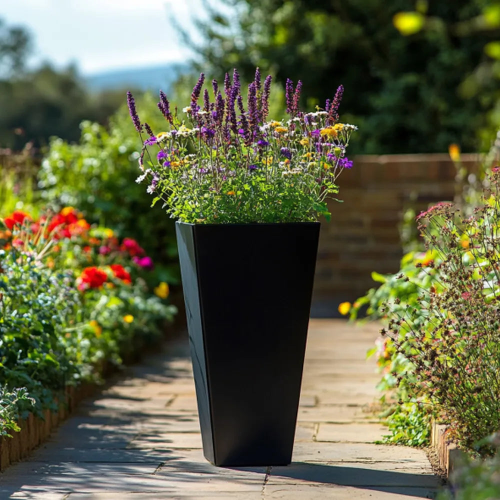 Zinc Galvanised Tall Flared Tapered Square Planter | 40cm x 40cm x 90cm | Matte Black